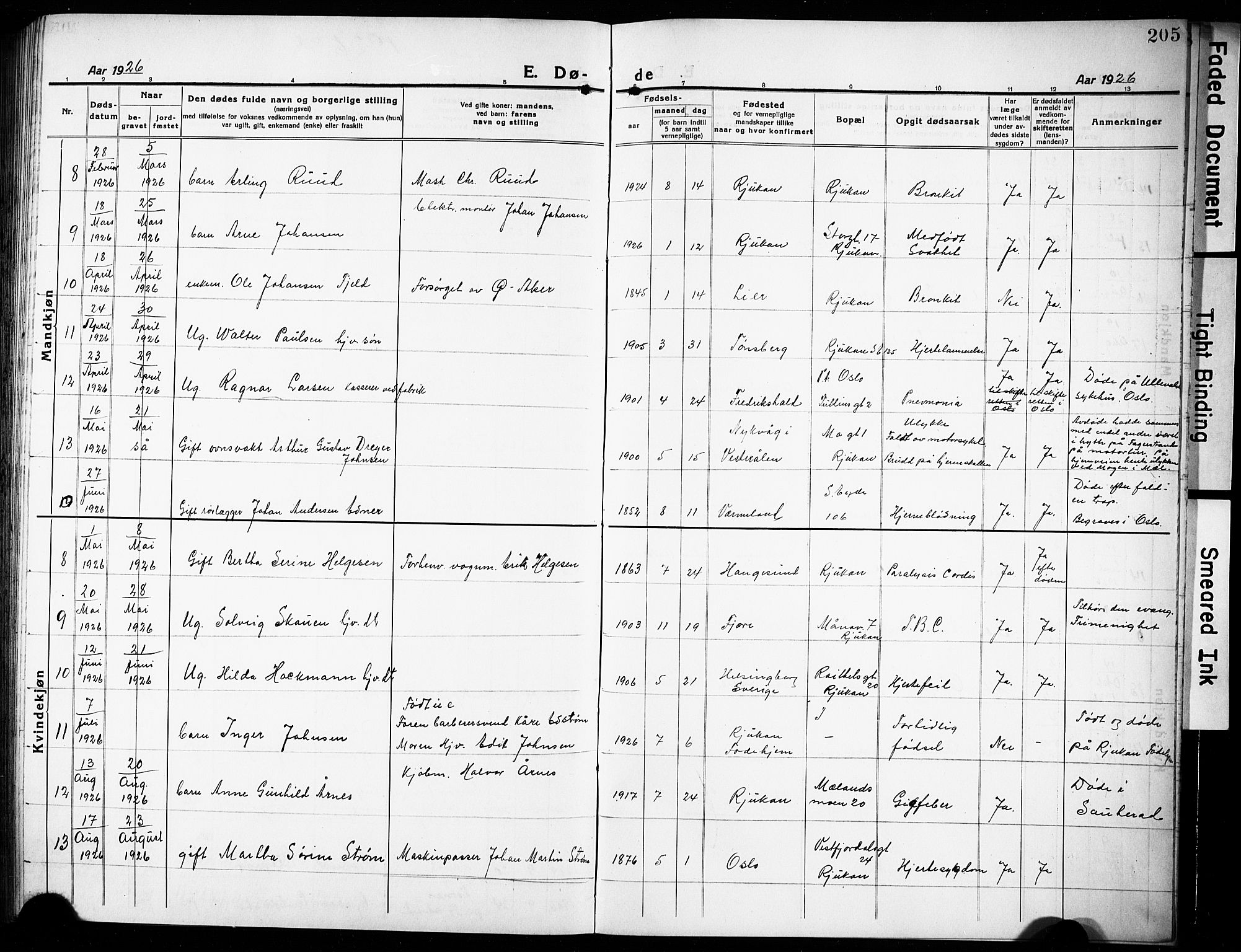 Rjukan kirkebøker, AV/SAKO-A-294/G/Ga/L0003: Parish register (copy) no. 3, 1920-1928, p. 205