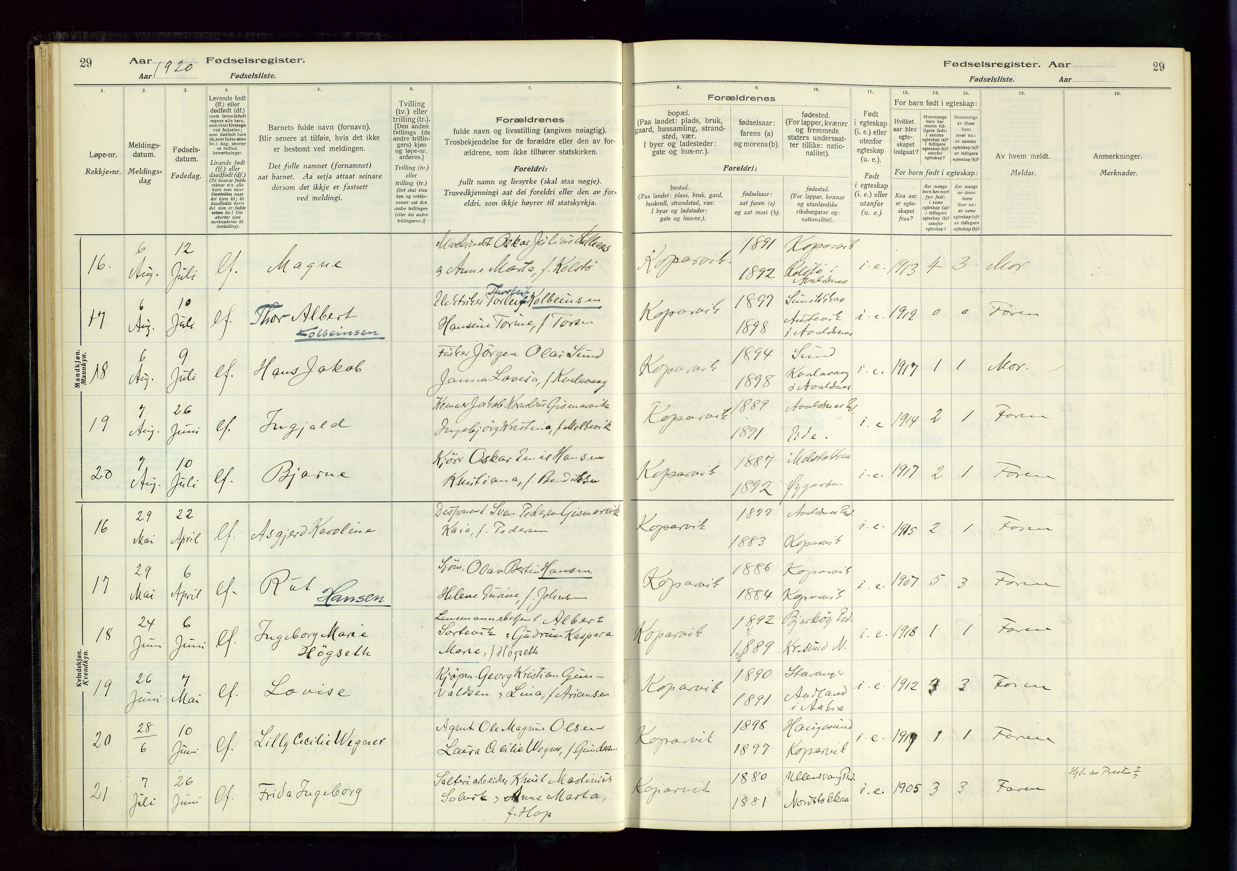 Kopervik sokneprestkontor, AV/SAST-A-101850/I/Id/L0001: Birth register no. 1, 1916-1952, p. 29