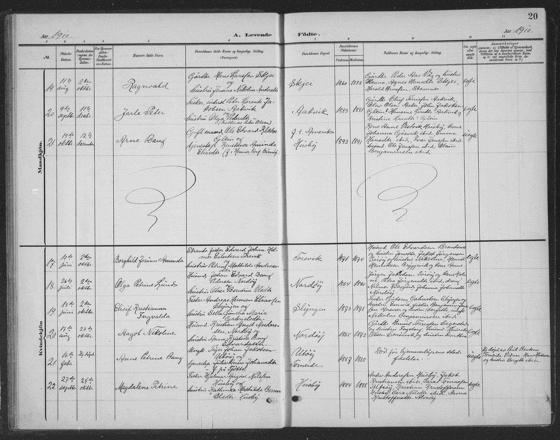 Ministerialprotokoller, klokkerbøker og fødselsregistre - Nordland, AV/SAT-A-1459/835/L0533: Parish register (copy) no. 835C05, 1906-1939, p. 20