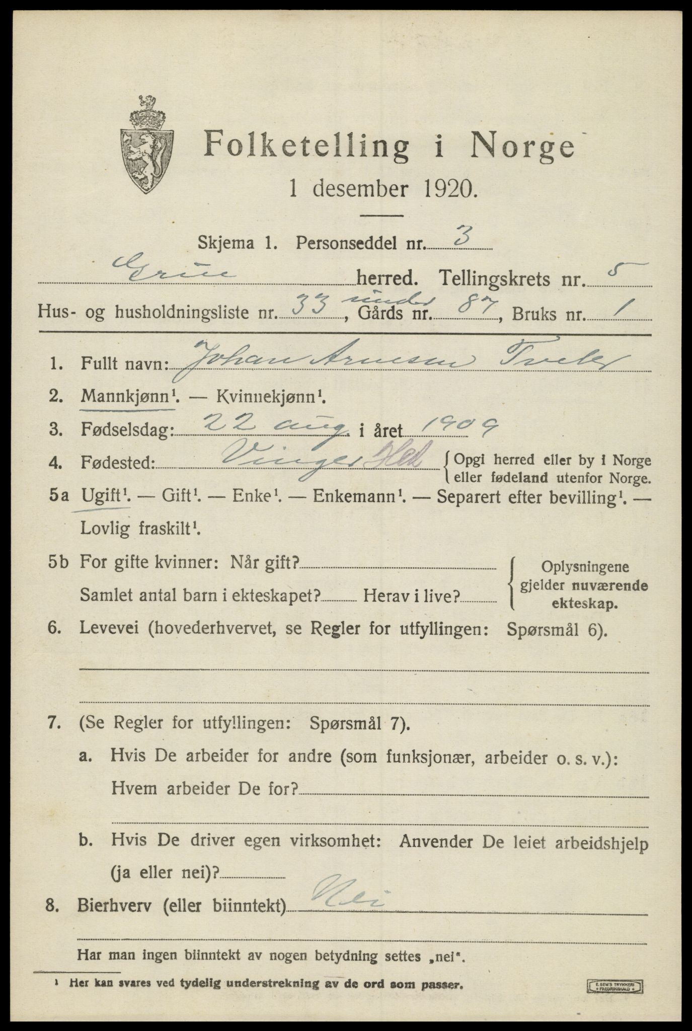 SAH, 1920 census for Grue, 1920, p. 5527