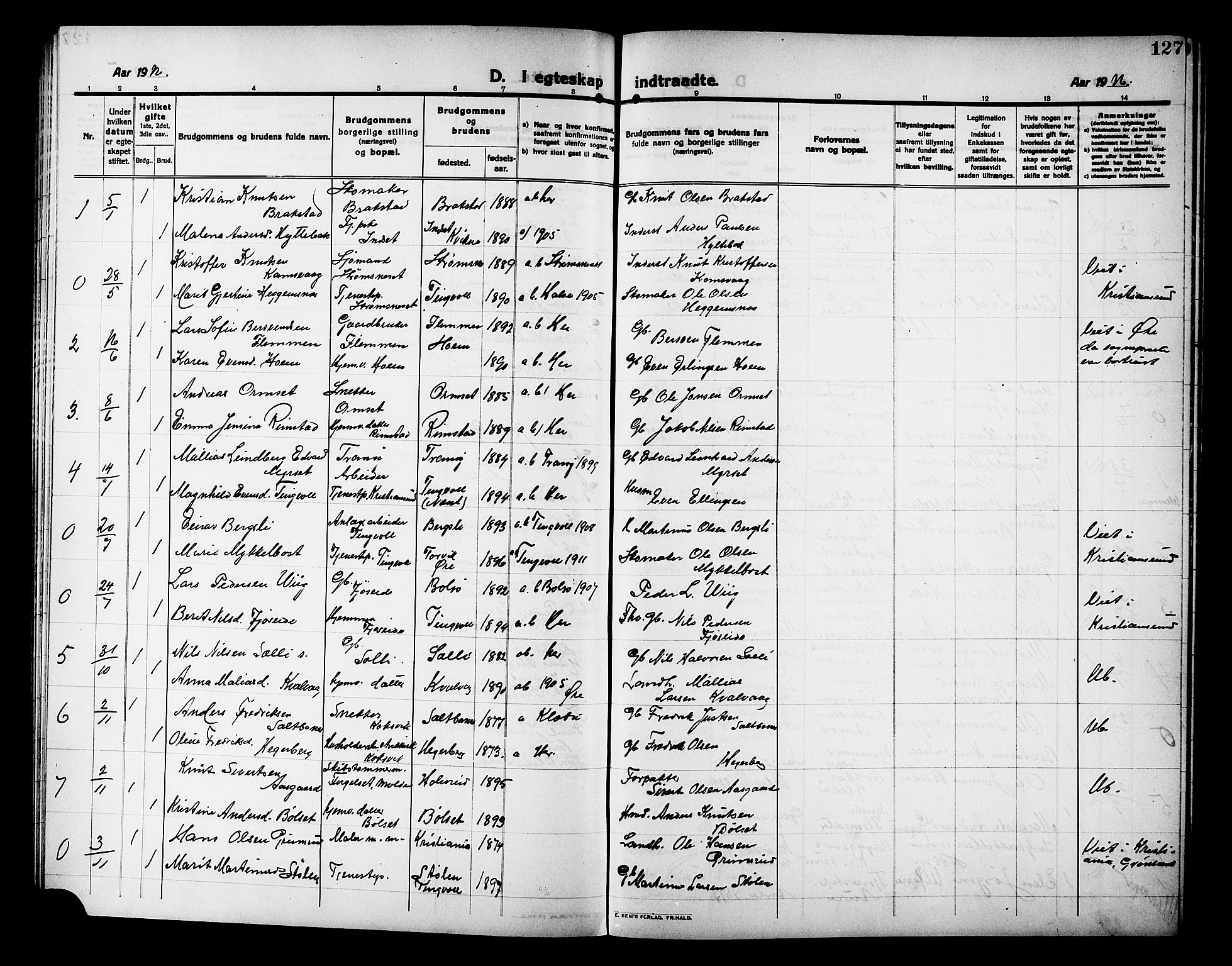 Ministerialprotokoller, klokkerbøker og fødselsregistre - Møre og Romsdal, AV/SAT-A-1454/586/L0993: Parish register (copy) no. 586C04, 1910-1918, p. 127