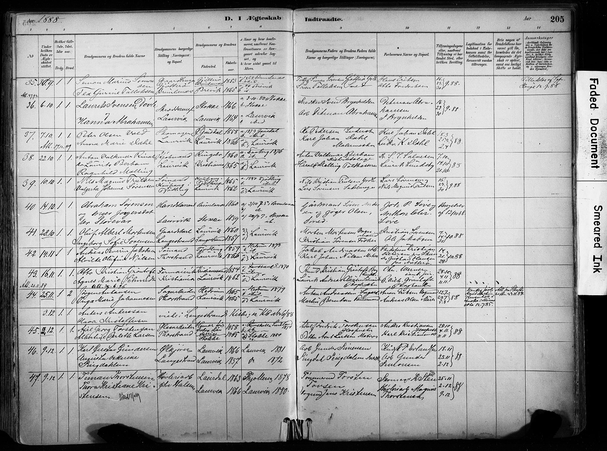 Larvik kirkebøker, AV/SAKO-A-352/F/Fa/L0008: Parish register (official) no. I 8, 1884-1902, p. 205