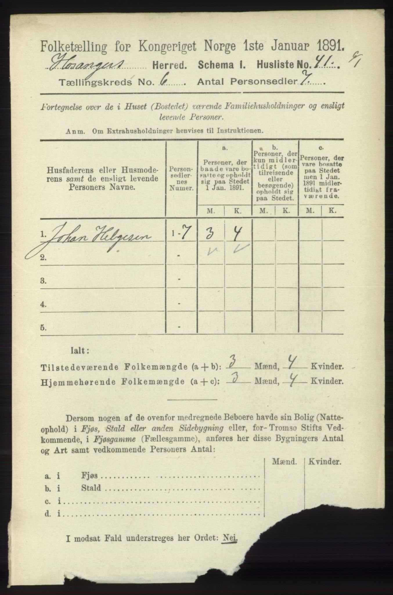 RA, 1891 census for 1253 Hosanger, 1891, p. 2136