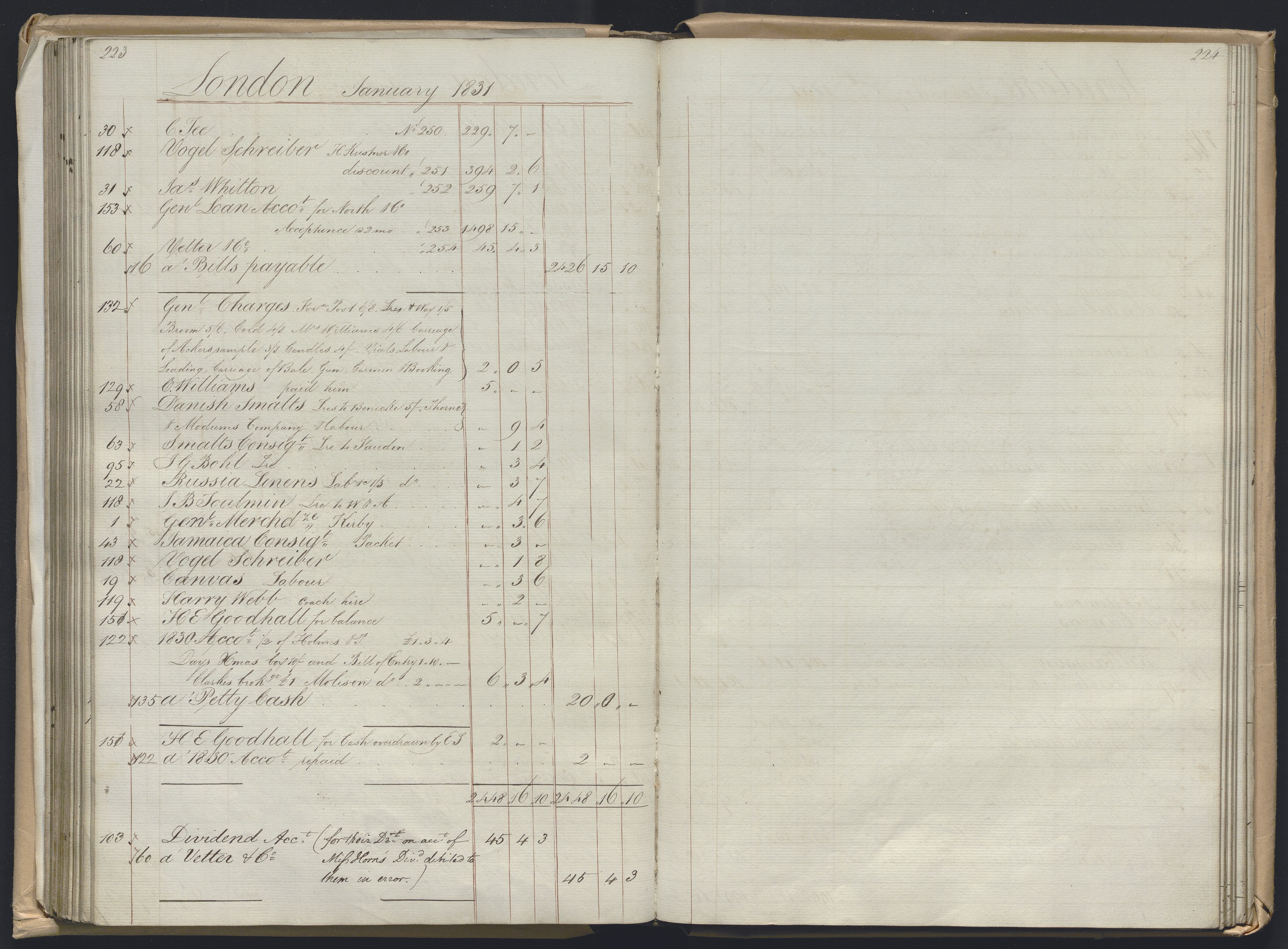 Smith, Goodhall & Reeves, AV/RA-PA-0586/R/L0001: Dagbok (Daybook) A, 1829-1831, p. 223-224