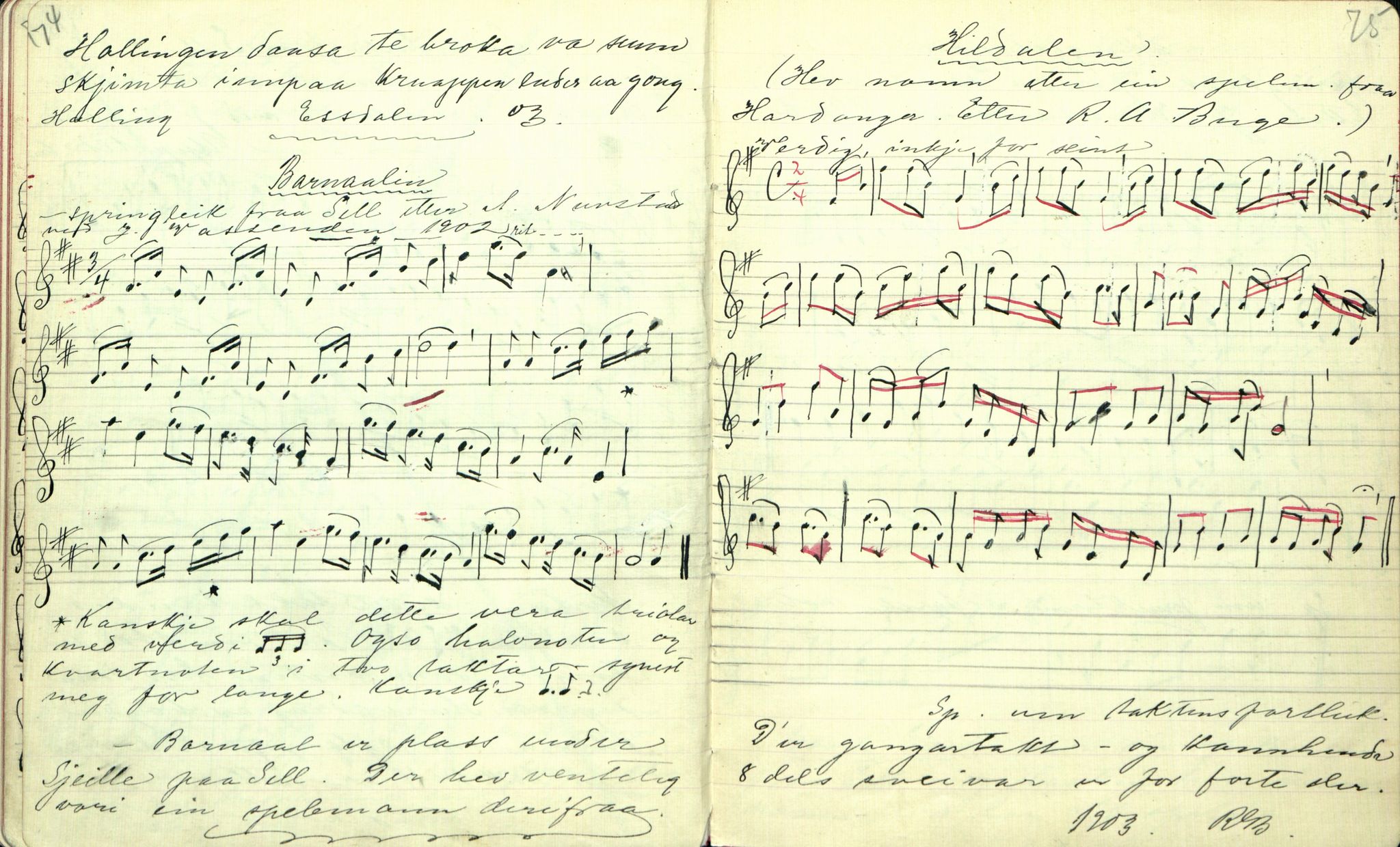 Rikard Berge, TEMU/TGM-A-1003/F/L0001/0024: 001-030 Innholdslister / 20. Musiksoge. Folkemusik II, 1902-1903, p. 74-75