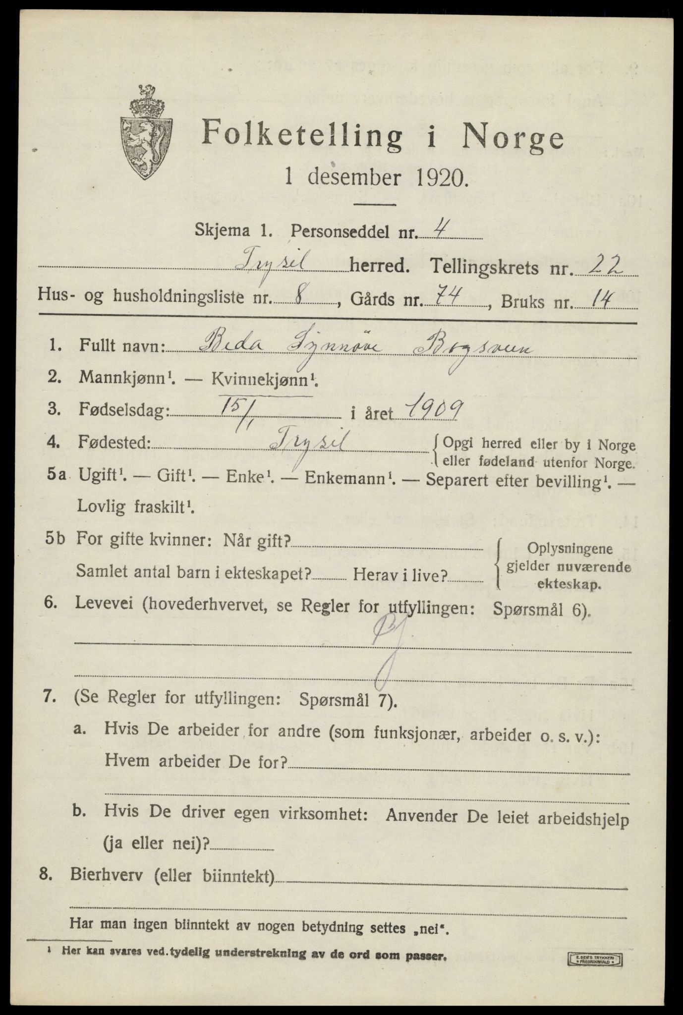 SAH, 1920 census for Trysil, 1920, p. 14651