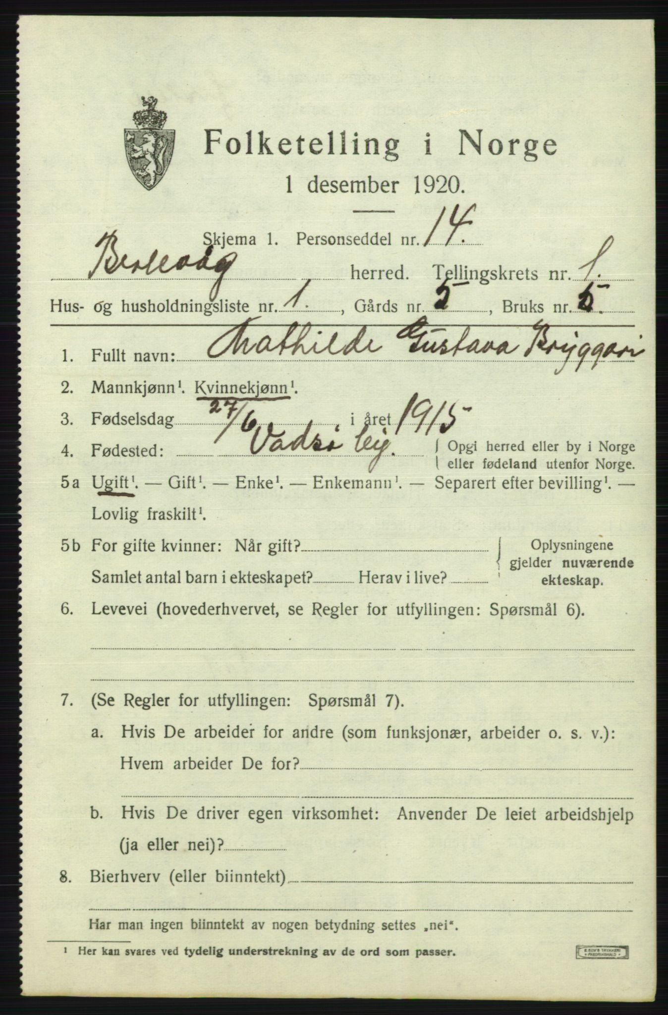 SATØ, 1920 census for Berlevåg, 1920, p. 431