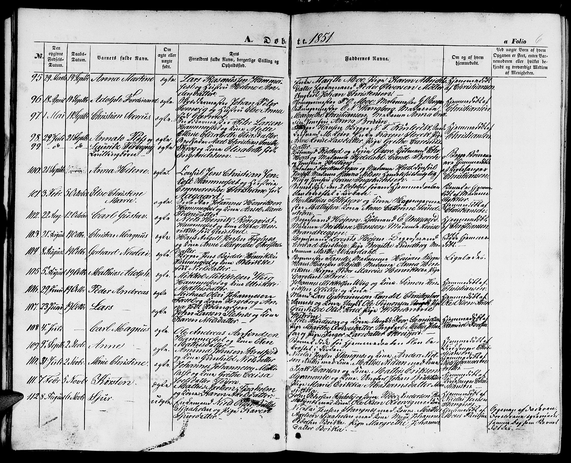 Hammerfest sokneprestkontor, AV/SATØ-S-1347/H/Hb/L0002.klokk: Parish register (copy) no. 2, 1851-1861, p. 6