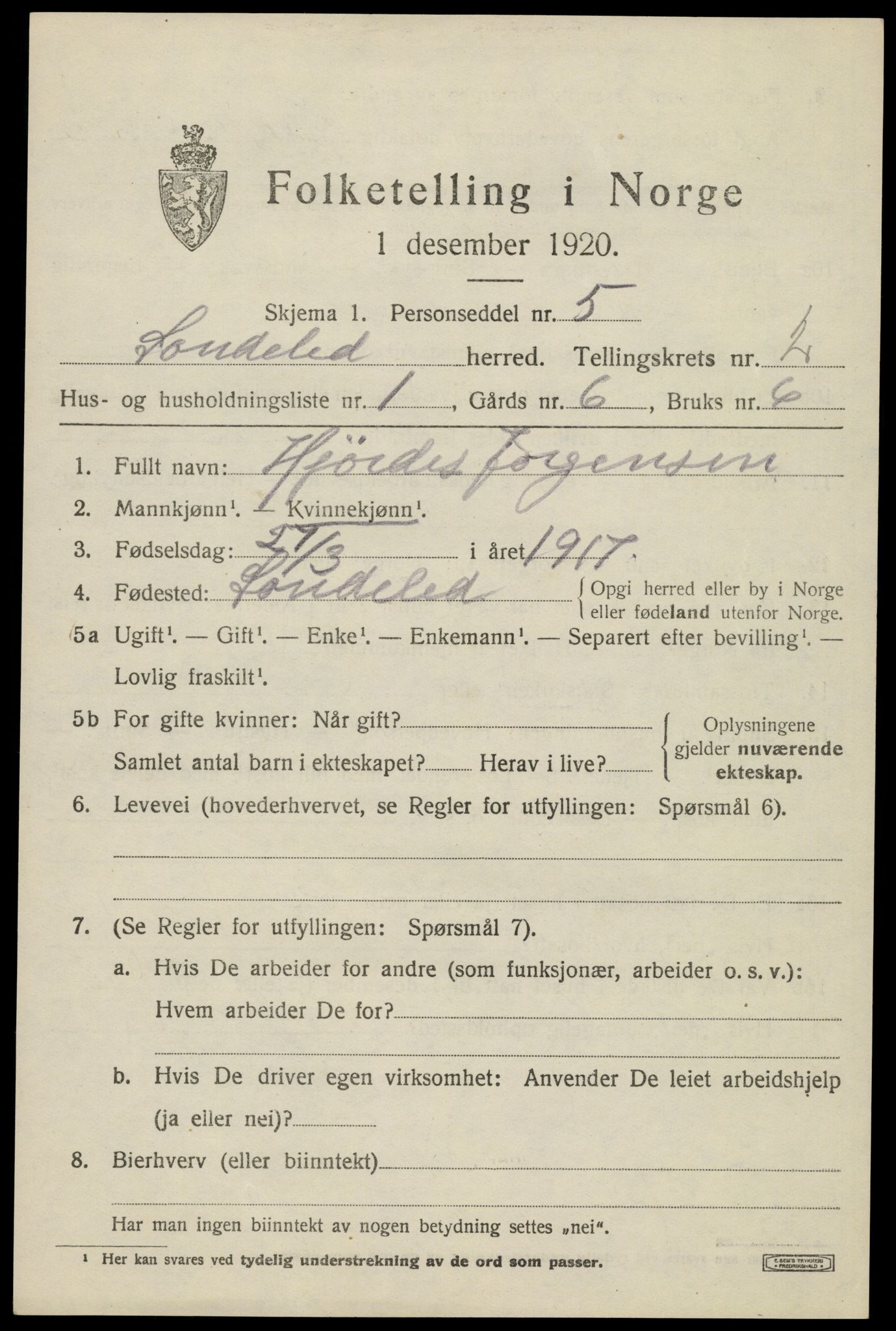 SAK, 1920 census for Søndeled, 1920, p. 1727