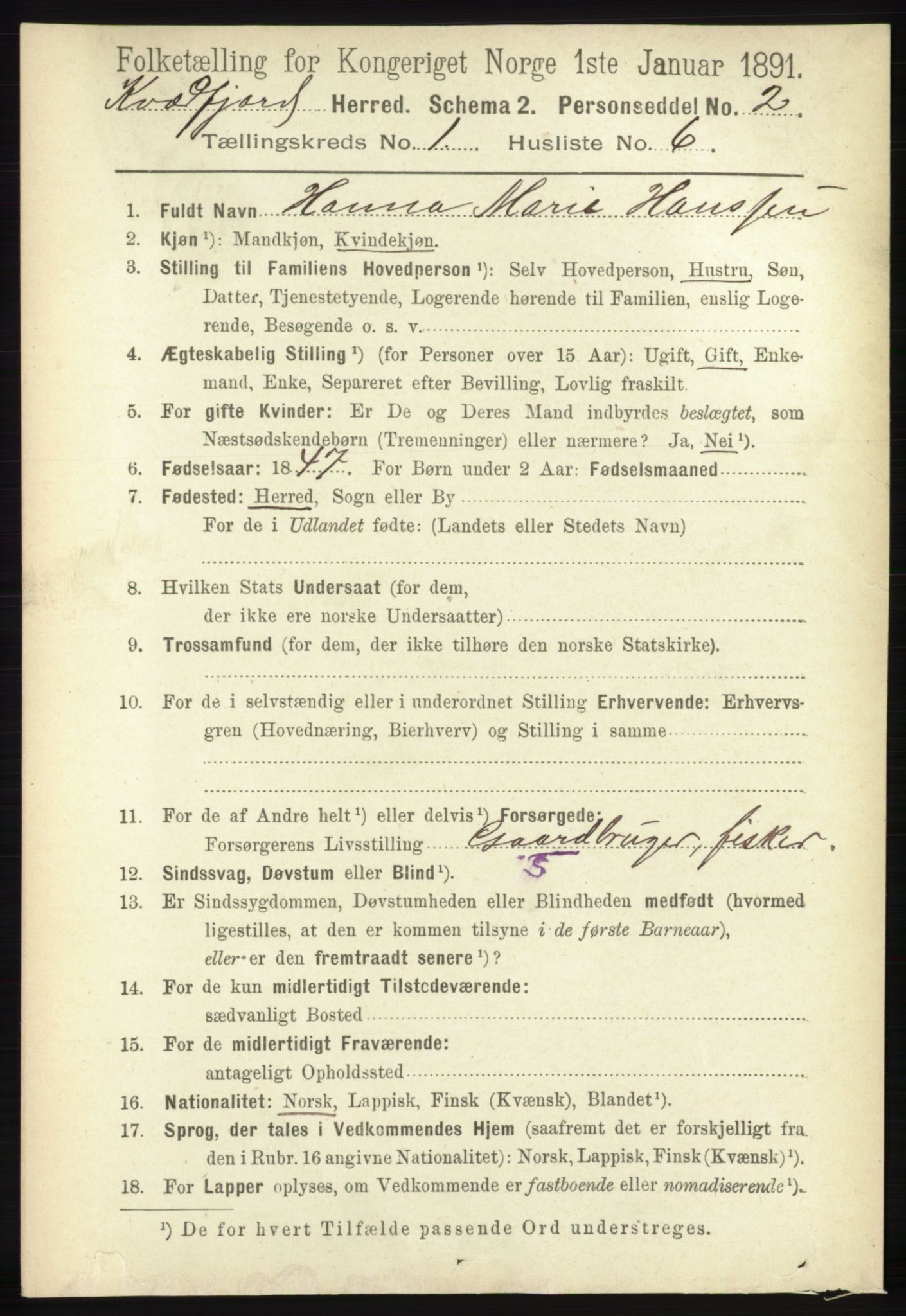 RA, 1891 census for 1911 Kvæfjord, 1891, p. 135