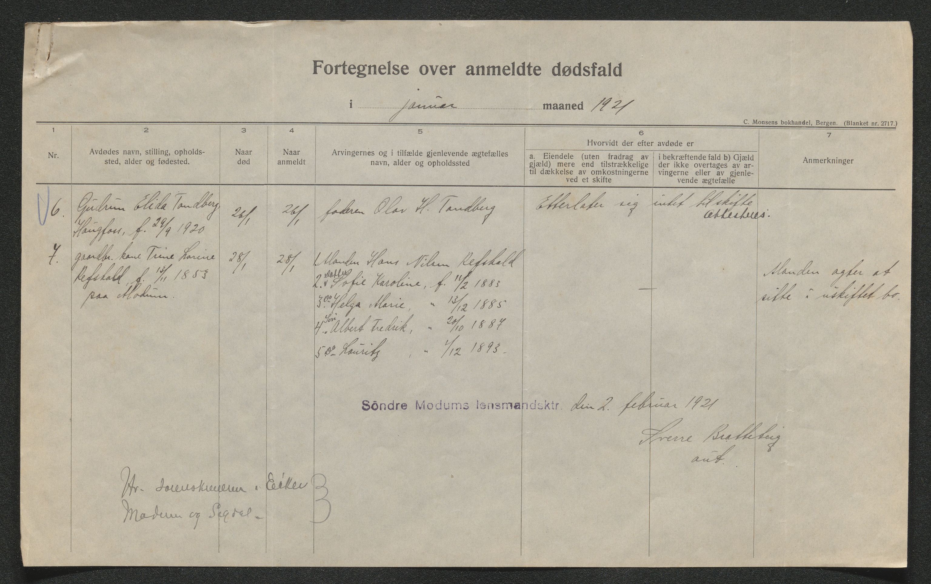 Eiker, Modum og Sigdal sorenskriveri, AV/SAKO-A-123/H/Ha/Hab/L0040: Dødsfallsmeldinger, 1920-1921, p. 915