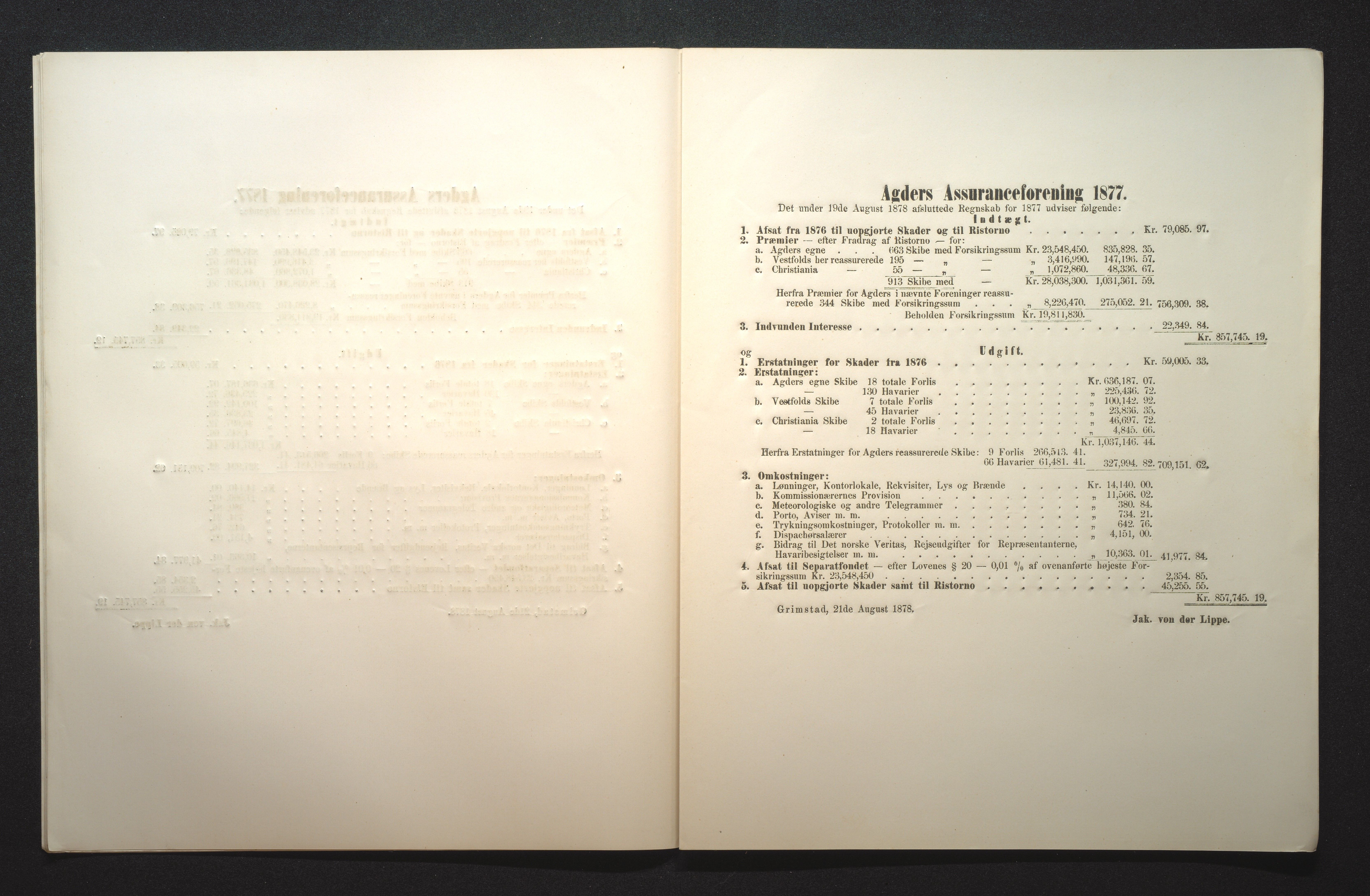 Agders Gjensidige Assuranceforening, AAKS/PA-1718/05/L0001: Regnskap, seilavdeling, pakkesak, 1855-1880