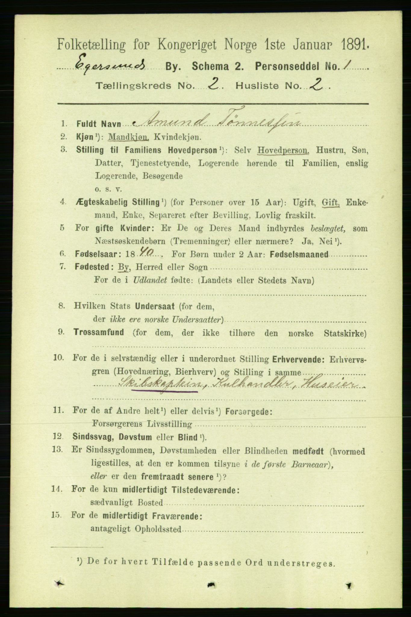 RA, 1891 census for 1101 Egersund, 1891, p. 234