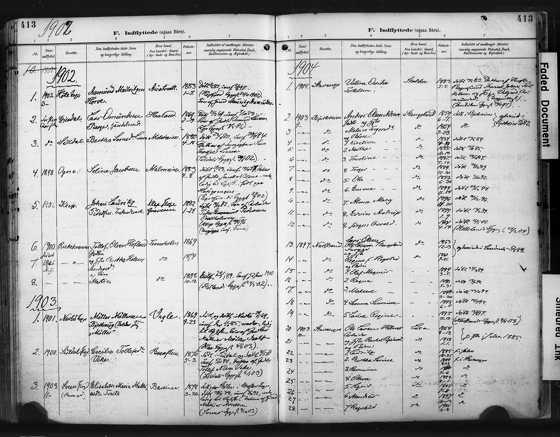 Høyland sokneprestkontor, AV/SAST-A-101799/001/30BA/L0015: Parish register (official) no. A 14, 1899-1911, p. 413