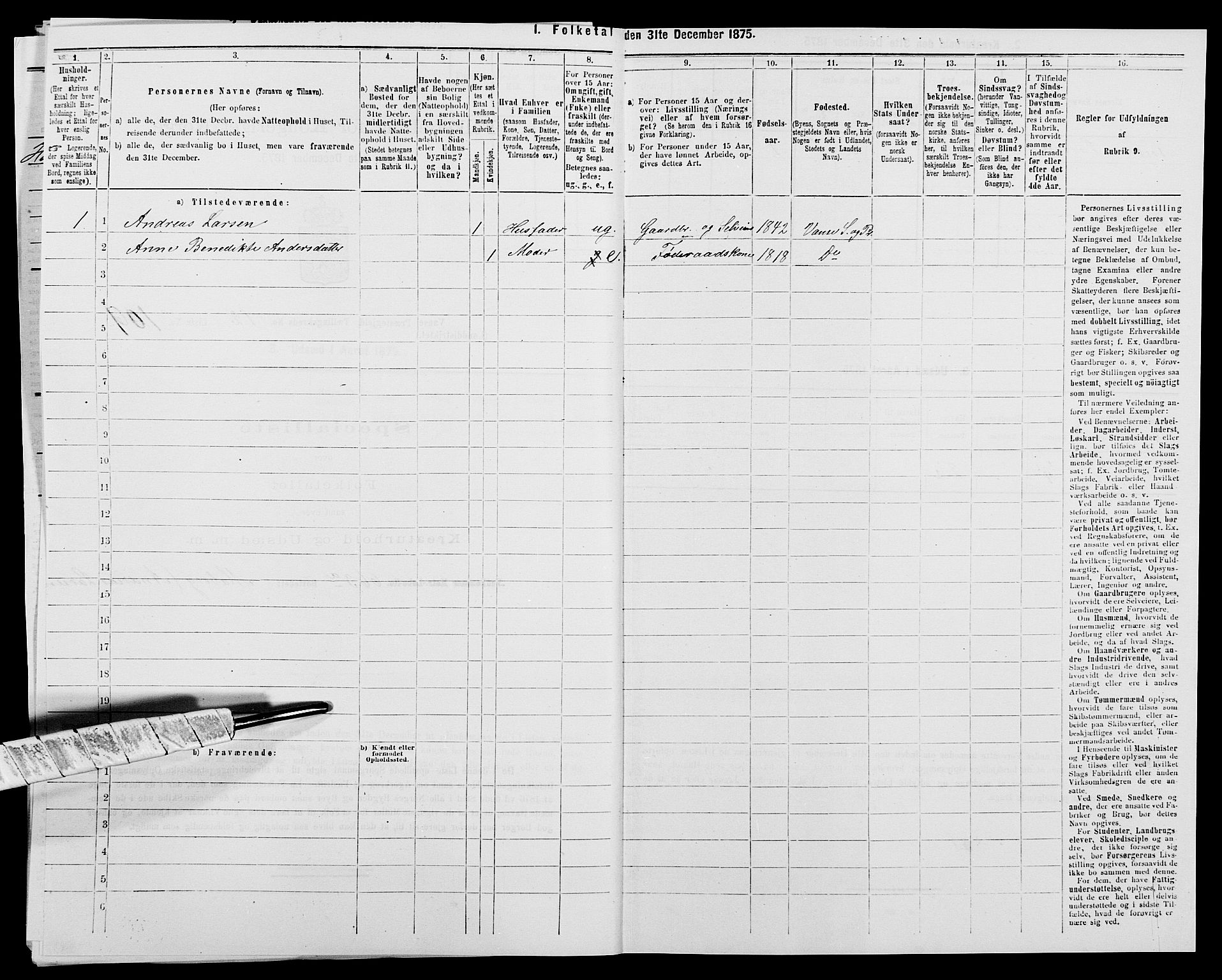 SAK, 1875 census for 1041L Vanse/Vanse og Farsund, 1875, p. 2376