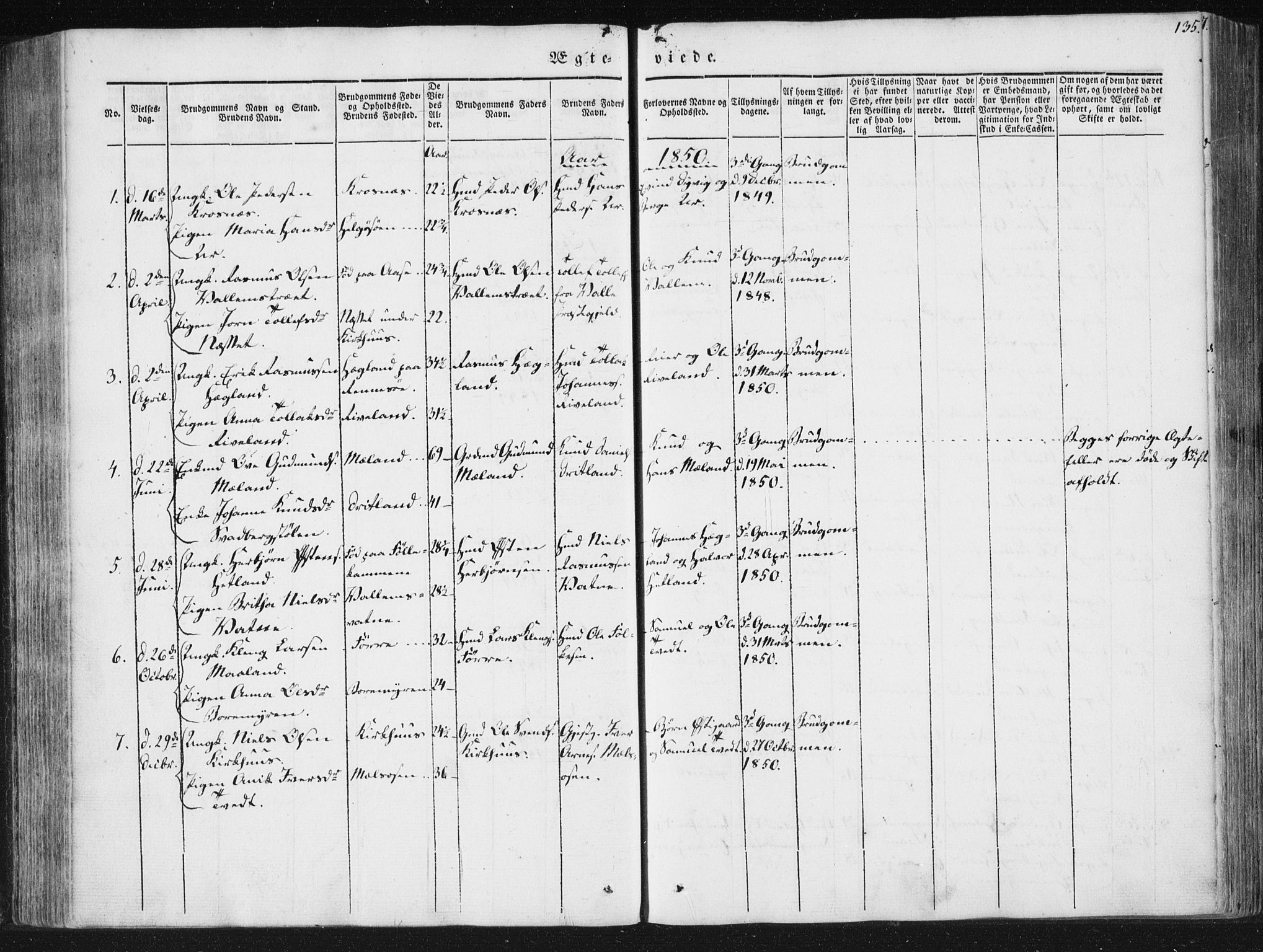 Hjelmeland sokneprestkontor, SAST/A-101843/01/IV/L0008: Parish register (official) no. A 8, 1842-1861, p. 135