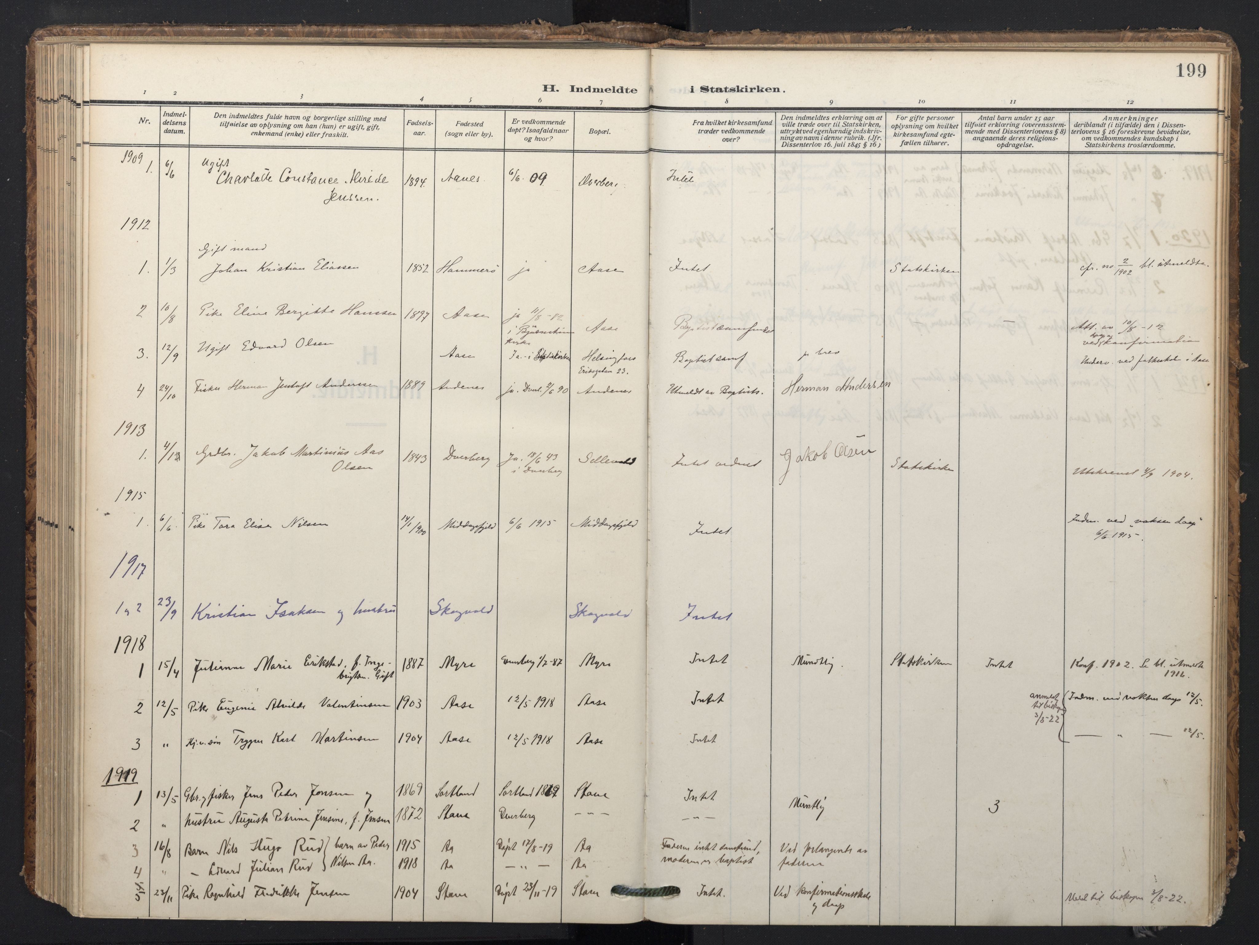 Ministerialprotokoller, klokkerbøker og fødselsregistre - Nordland, SAT/A-1459/897/L1401: Parish register (official) no. 897A08, 1909-1921, p. 199