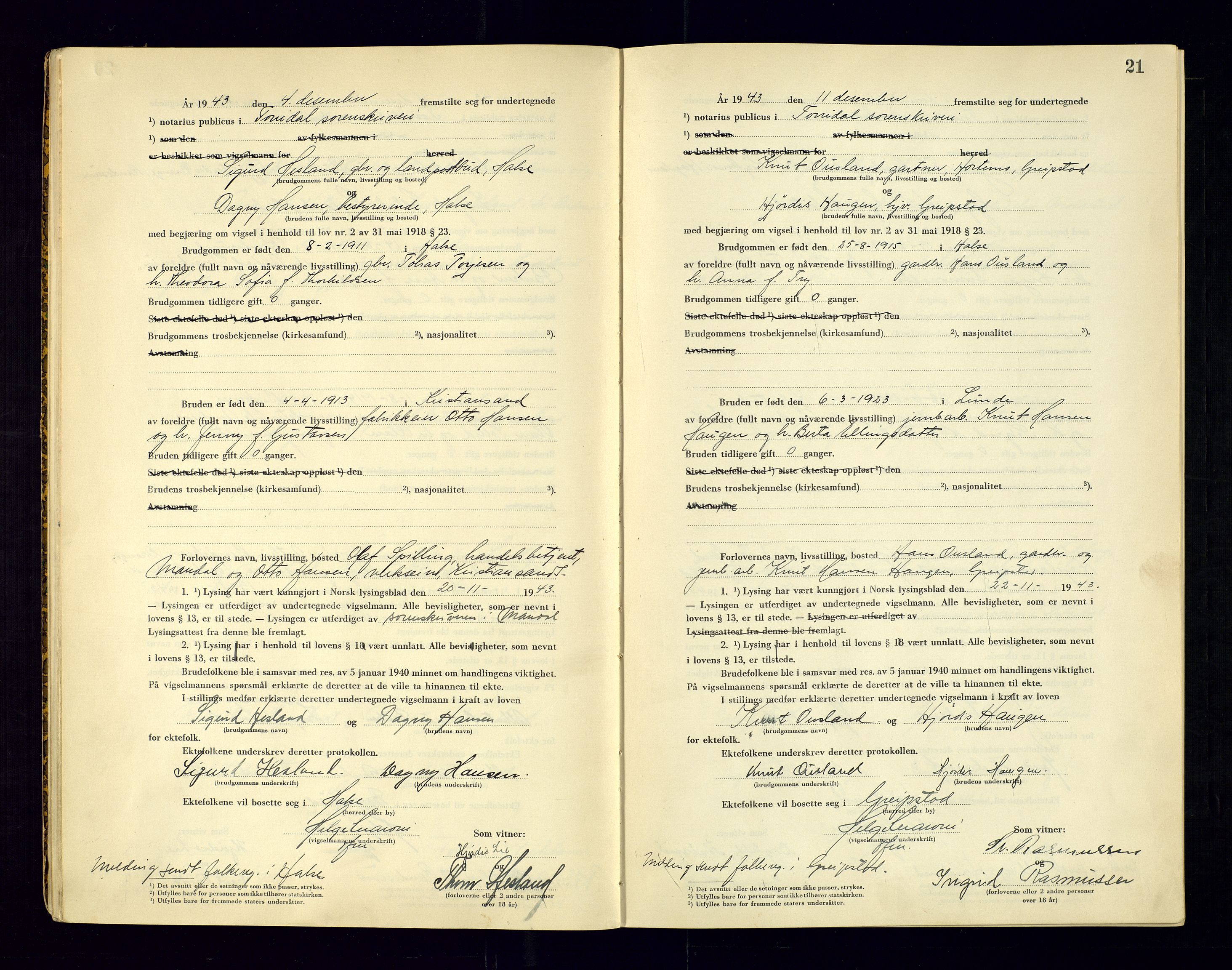 Torridal sorenskriveri, AV/SAK-1221-0012/L/Ld/L0004: Vigselbok nr. 2, 1943-1946, p. 21