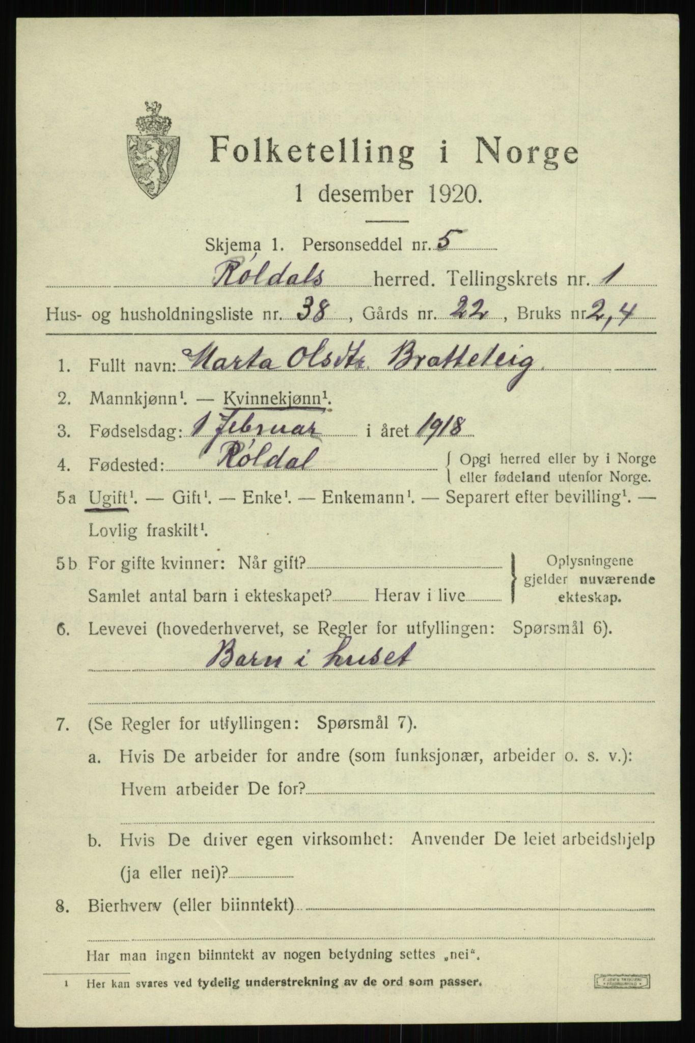 SAB, 1920 census for Røldal, 1920, p. 733