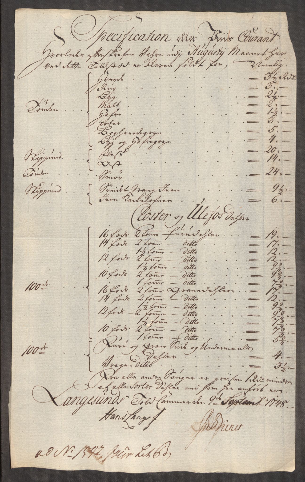 Rentekammeret inntil 1814, Realistisk ordnet avdeling, AV/RA-EA-4070/Oe/L0003: [Ø1]: Priskuranter, 1745-1748, p. 795