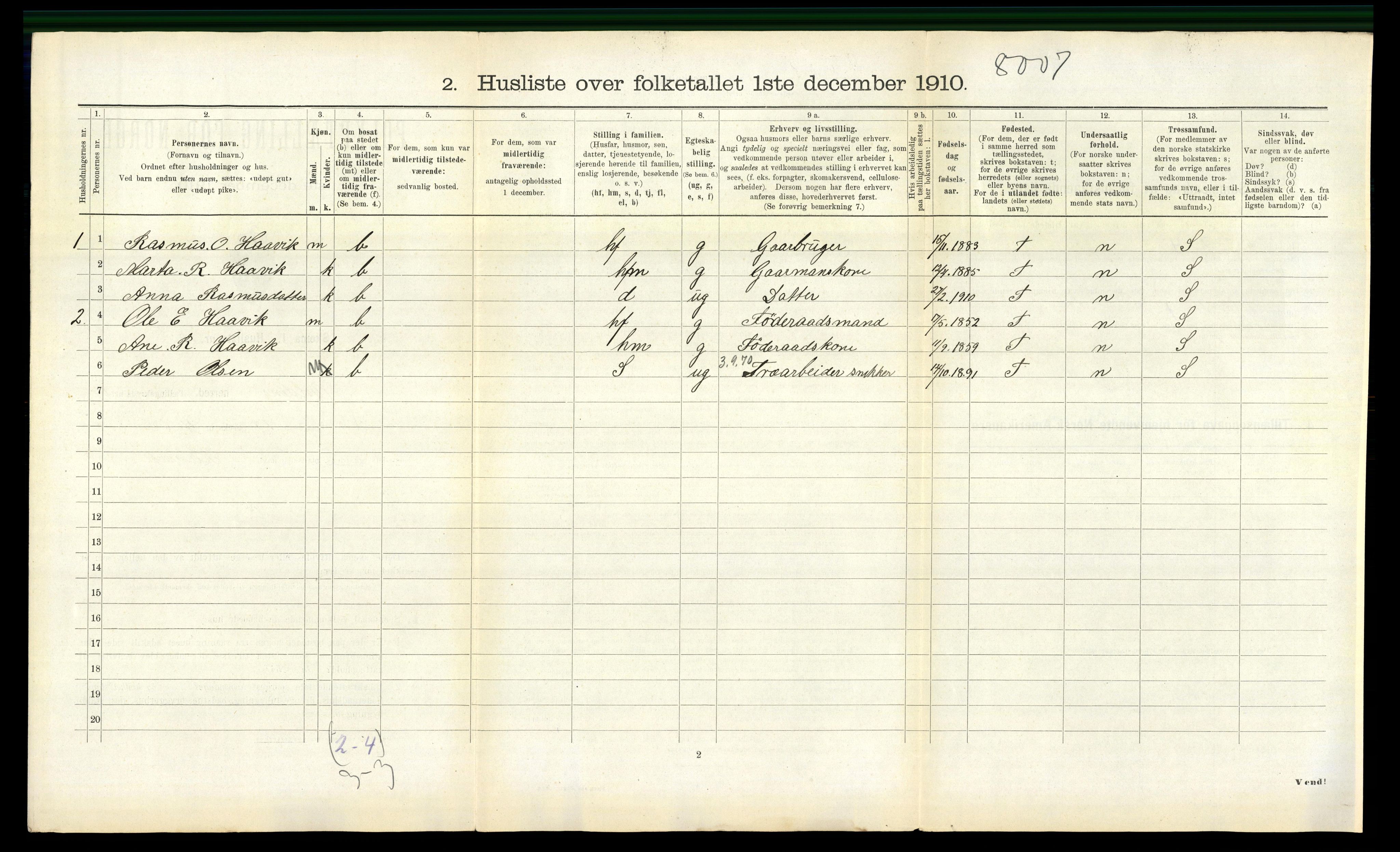 RA, 1910 census for Volda, 1910, p. 1039