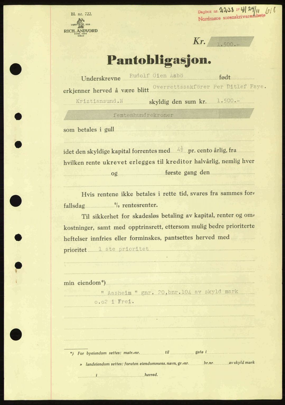 Nordmøre sorenskriveri, AV/SAT-A-4132/1/2/2Ca: Mortgage book no. B88, 1941-1942, Diary no: : 2238/1941