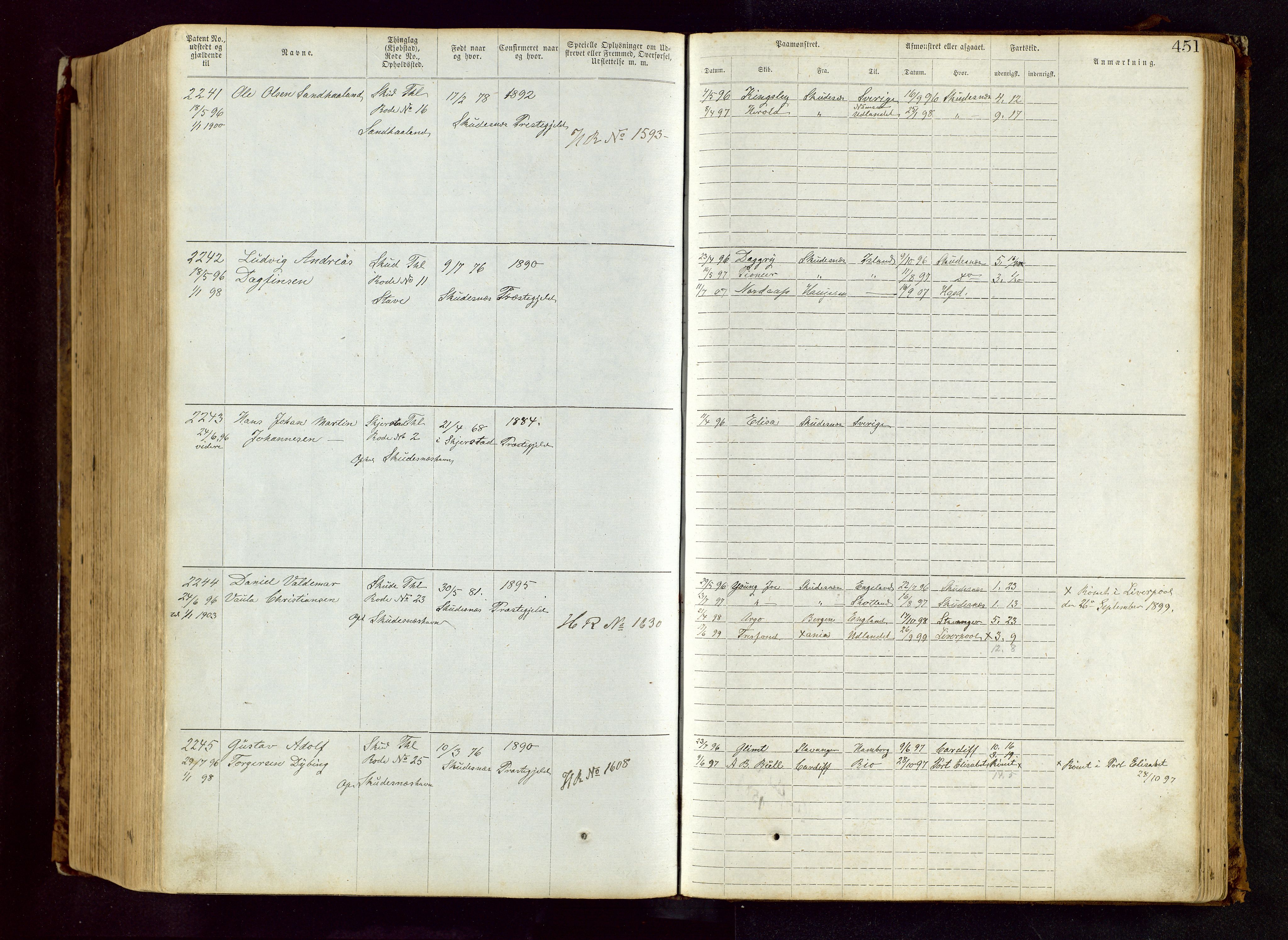 Haugesund sjømannskontor, AV/SAST-A-102007/F/Ff/L0002: Sjøfartsrulle Skudenes krets nr. 1-2719, 1868-1948, p. 451