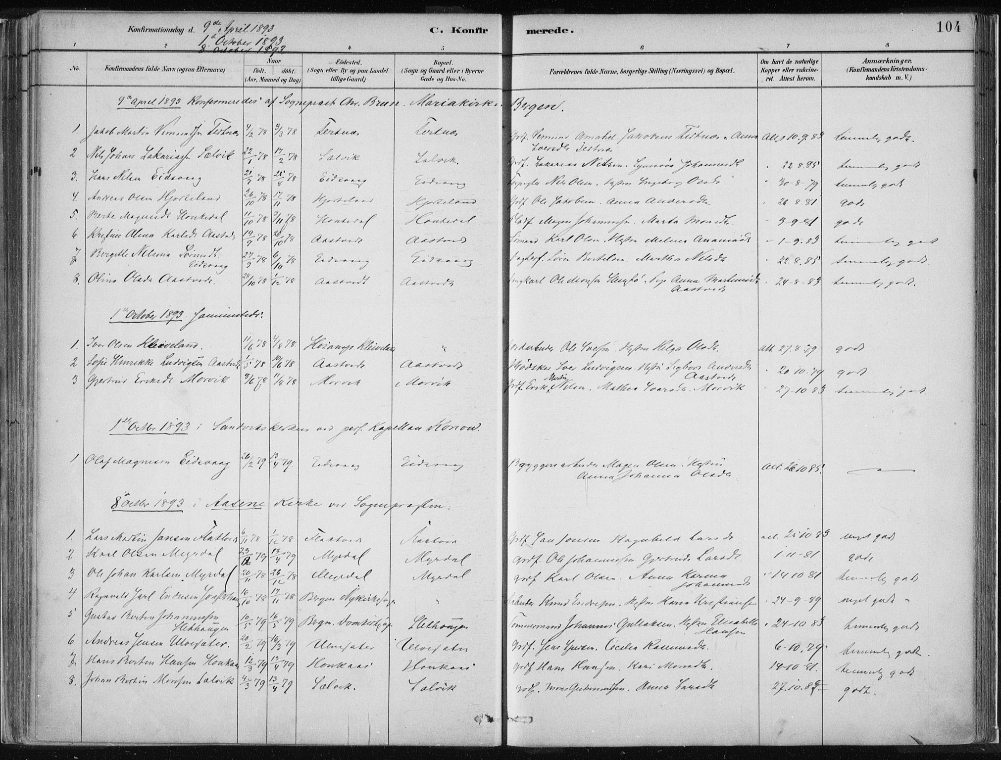 Hamre sokneprestembete, SAB/A-75501/H/Ha/Haa/Haad/L0001: Parish register (official) no. D  1, 1882-1906, p. 104