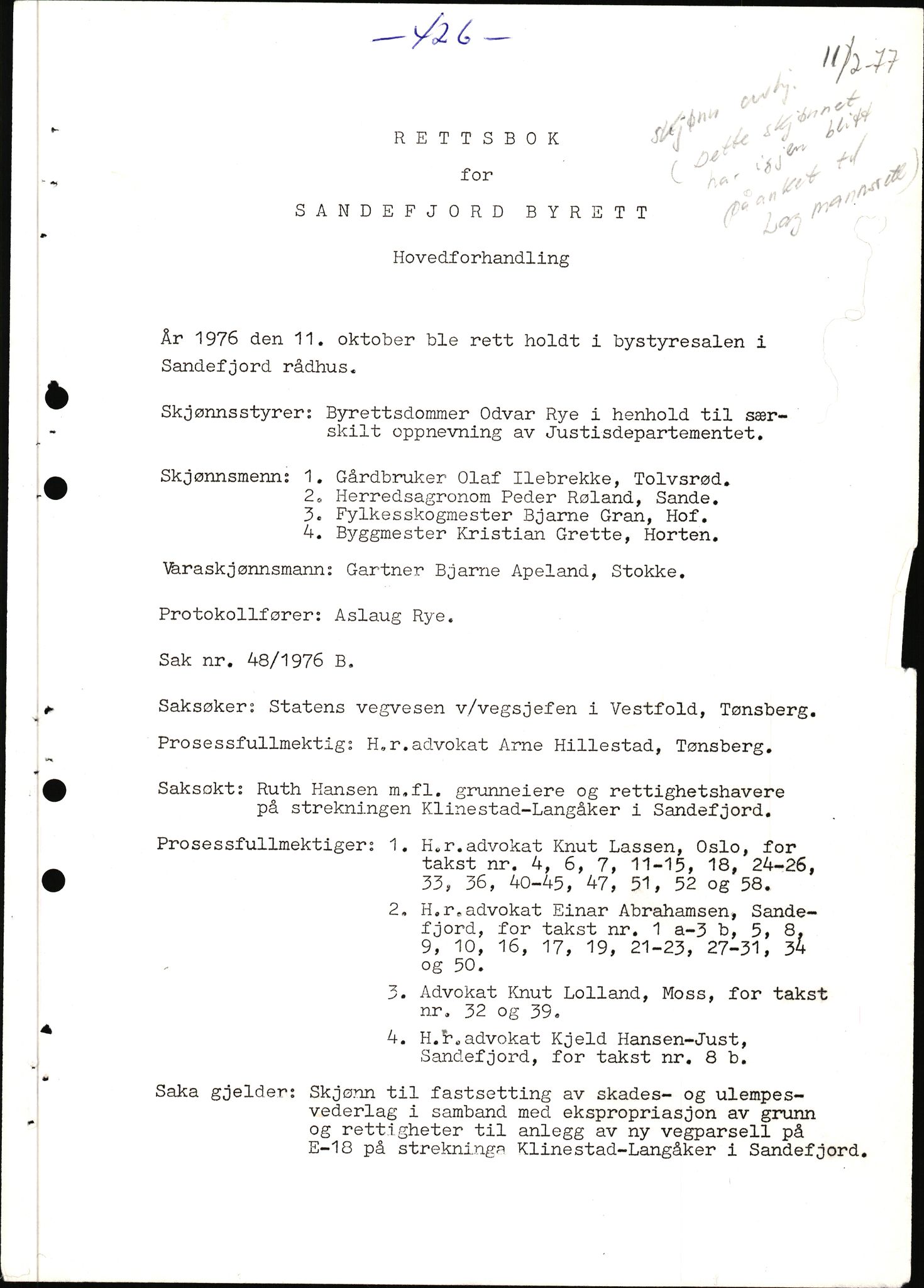 Sandefjord byfogd - 2 , AV/SAKO-A-1231/F/Fa/Faa/L0008: Domsprotokoll, 1977, p. 1