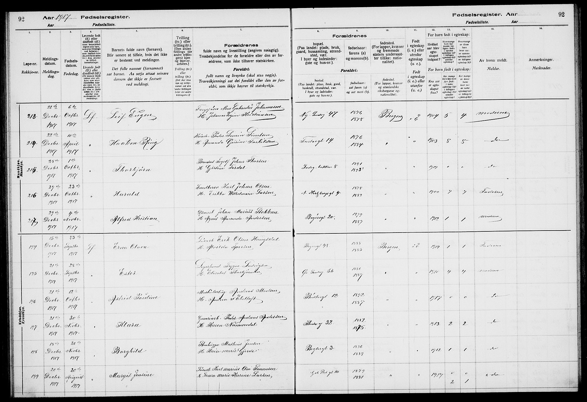 Sandviken Sokneprestembete, AV/SAB-A-77601/I/Ib/L00A1: Birth register no. A 1, 1915-1920, p. 92