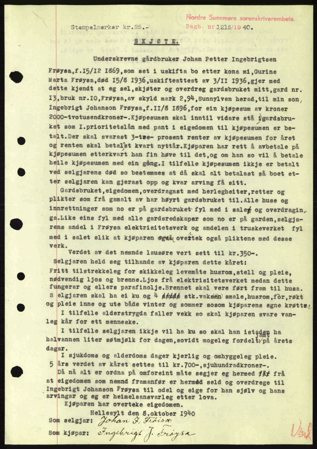 Nordre Sunnmøre sorenskriveri, AV/SAT-A-0006/1/2/2C/2Ca: Mortgage book no. A9, 1940-1940, Diary no: : 1215/1940