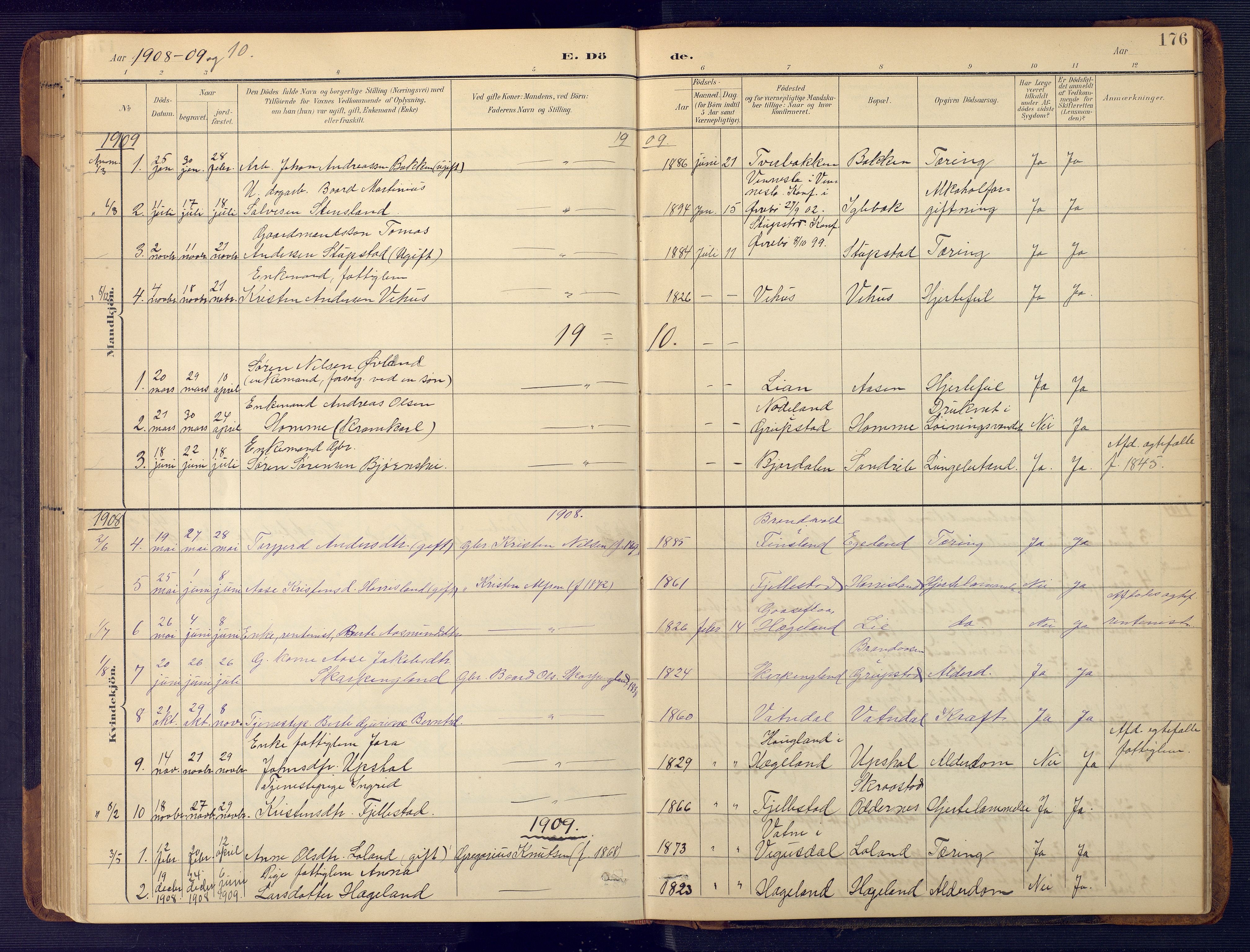 Vennesla sokneprestkontor, AV/SAK-1111-0045/Fb/Fbc/L0003: Parish register (copy) no. B 3, 1895-1946, p. 176