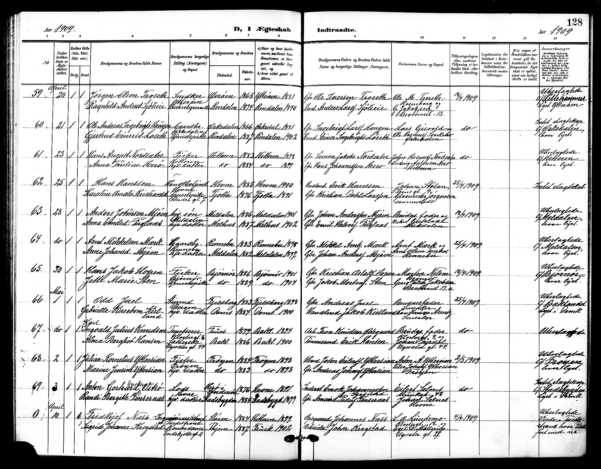Ministerialprotokoller, klokkerbøker og fødselsregistre - Sør-Trøndelag, SAT/A-1456/601/L0095: Parish register (copy) no. 601C13, 1902-1911, p. 128