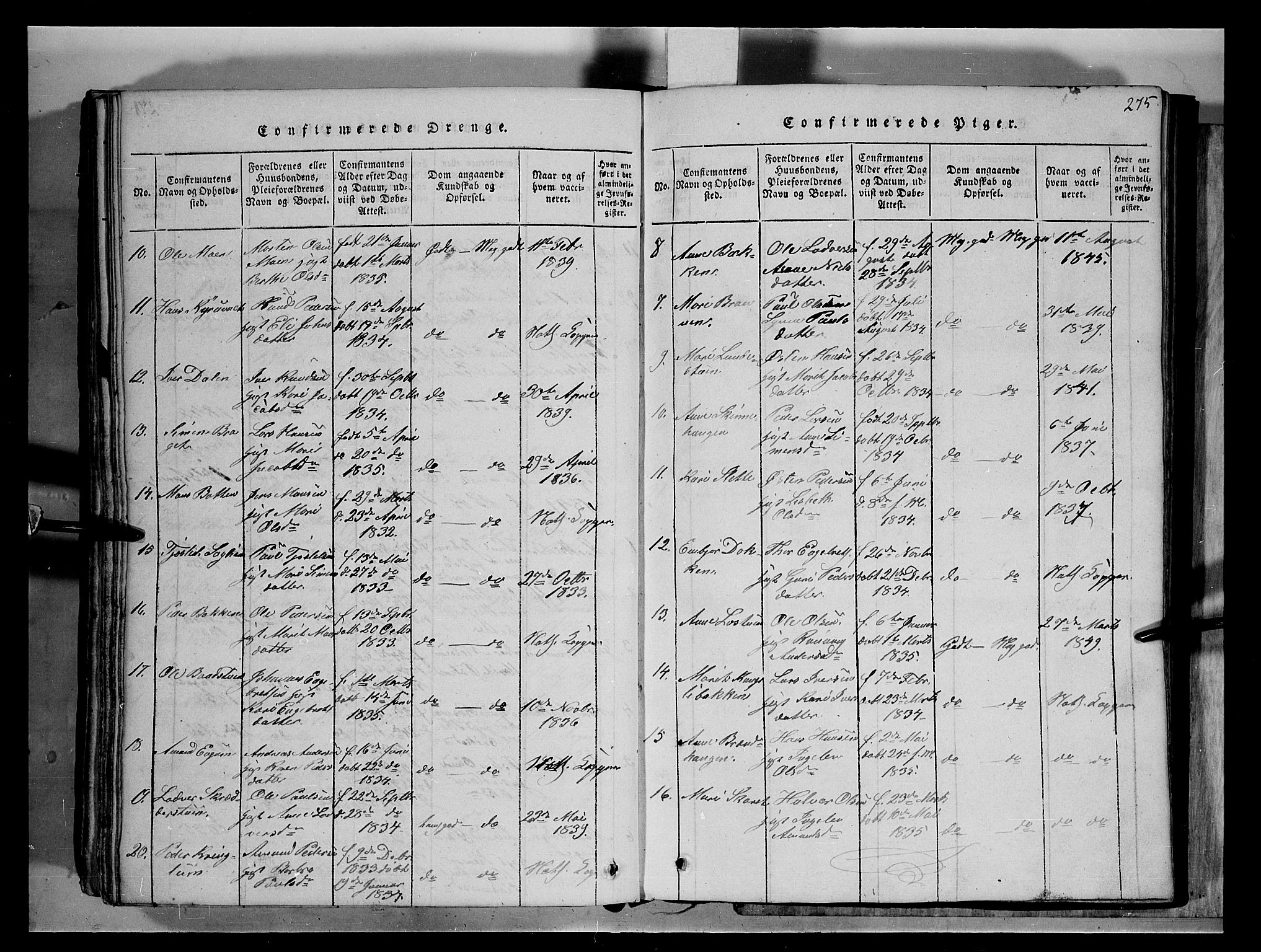 Fron prestekontor, SAH/PREST-078/H/Ha/Hab/L0004: Parish register (copy) no. 4, 1816-1850, p. 275