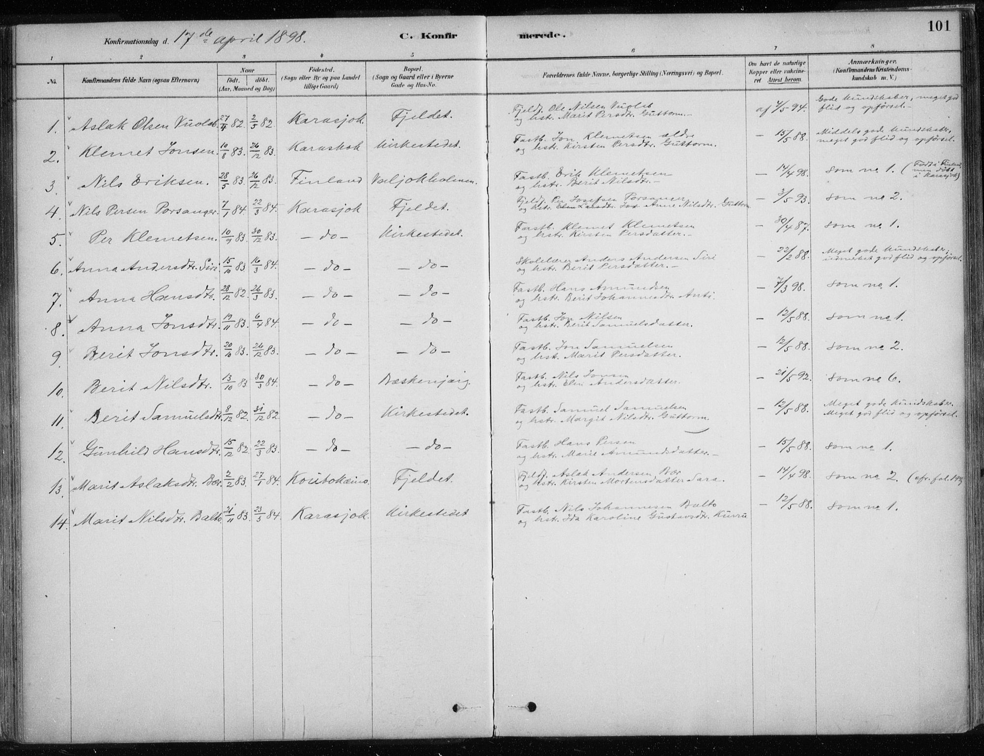 Karasjok sokneprestkontor, SATØ/S-1352/H/Ha/L0002kirke: Parish register (official) no. 2, 1885-1906, p. 101