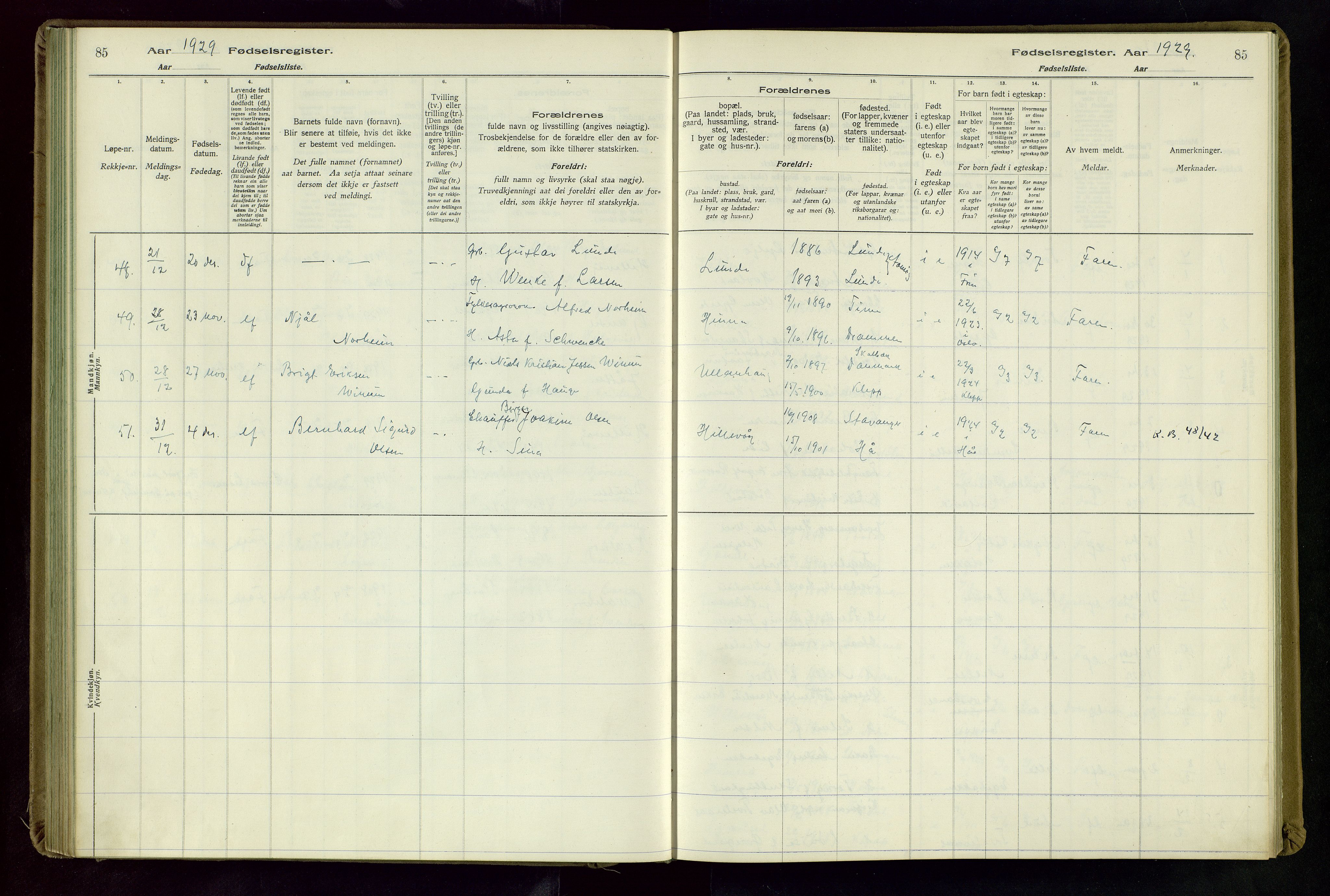 Hetland sokneprestkontor, SAST/A-101826/70/704BA/L0004: Birth register no. 4, 1923-1937, p. 85