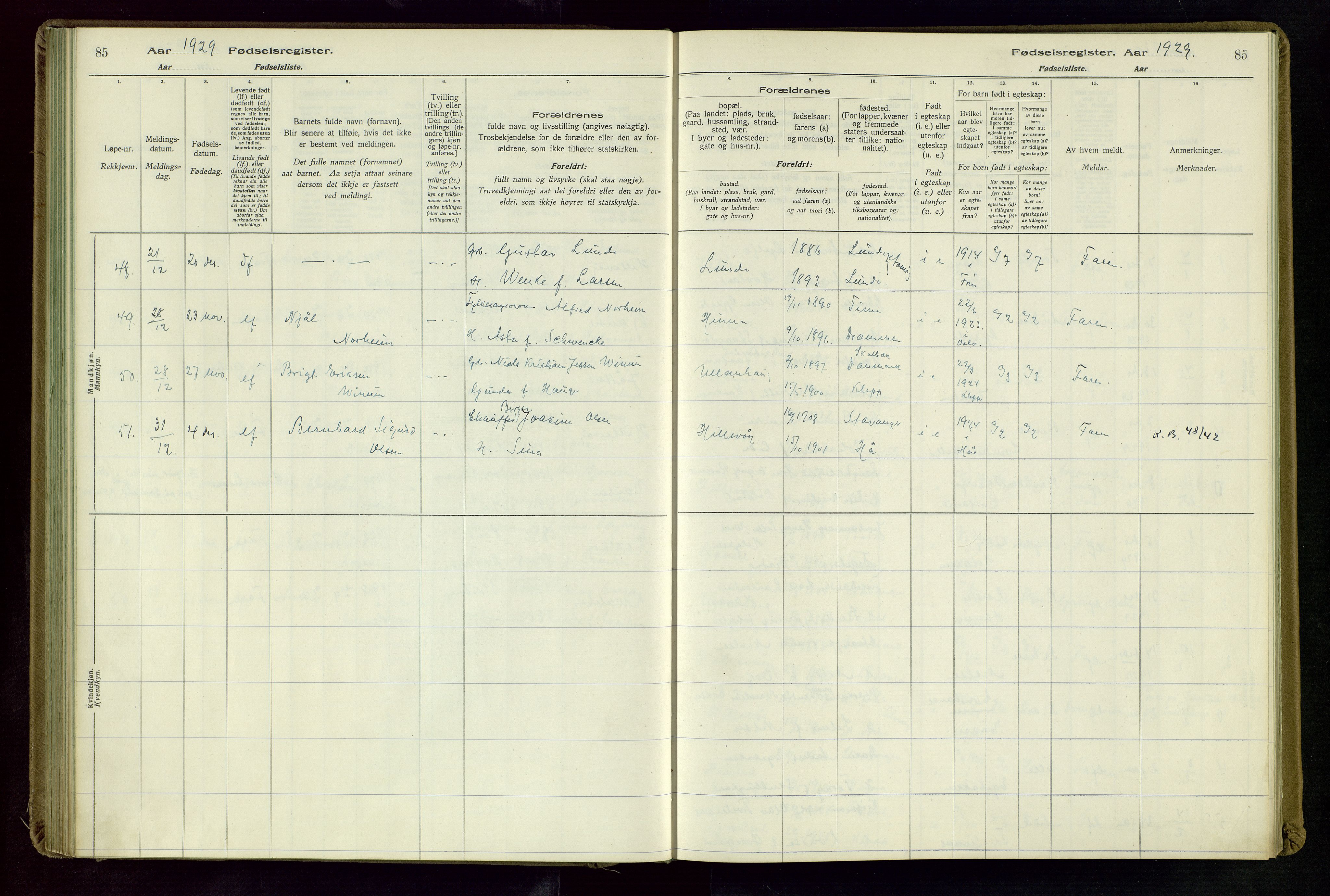 Hetland sokneprestkontor, AV/SAST-A-101826/70/704BA/L0004: Birth register no. 4, 1923-1937, p. 85