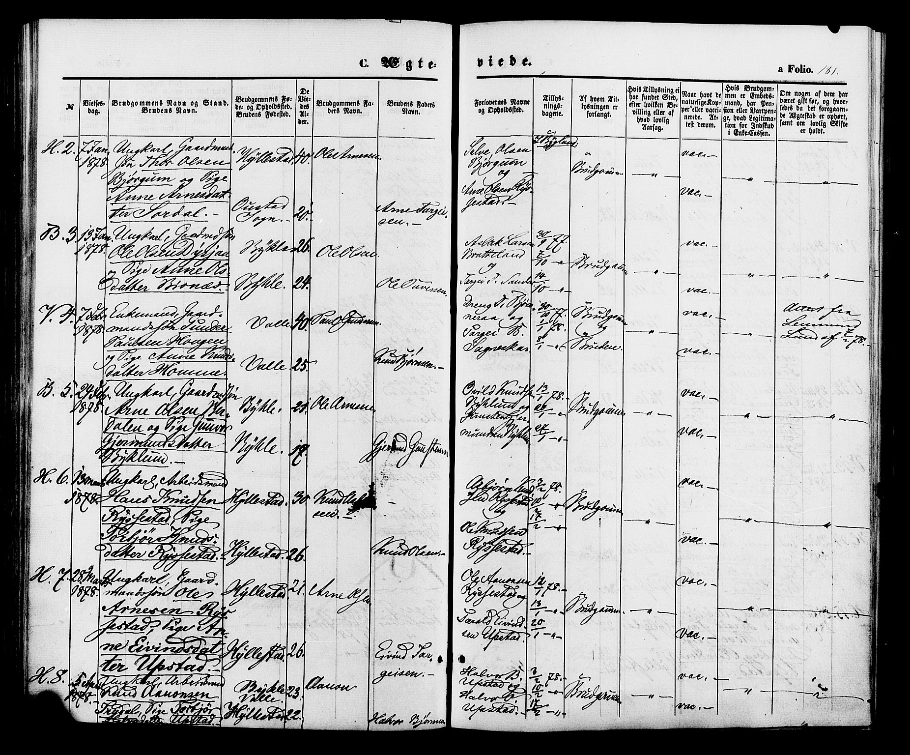 Valle sokneprestkontor, AV/SAK-1111-0044/F/Fa/Fac/L0008: Parish register (official) no. A 8, 1868-1882, p. 181