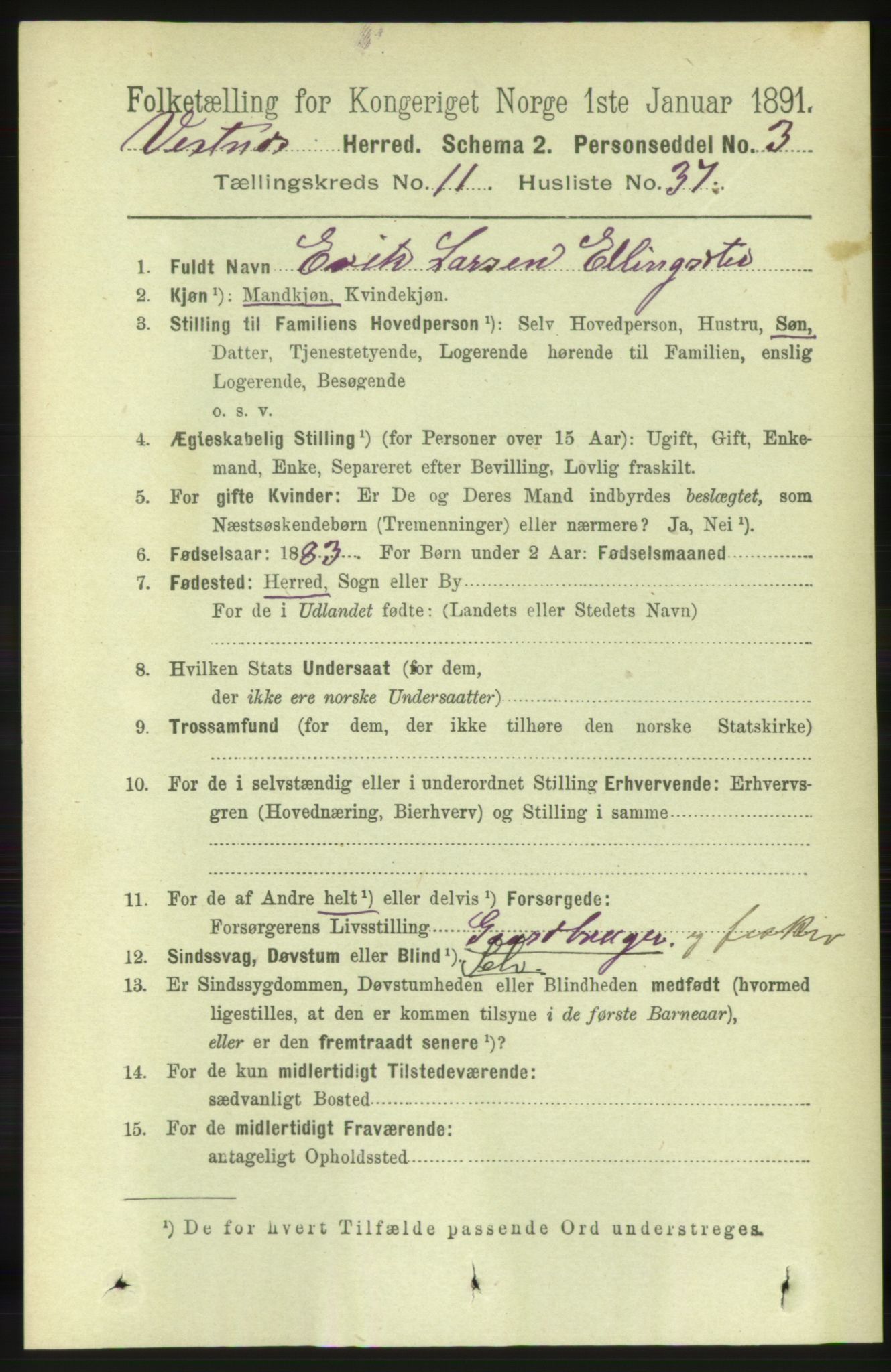 RA, 1891 census for 1535 Vestnes, 1891, p. 4141