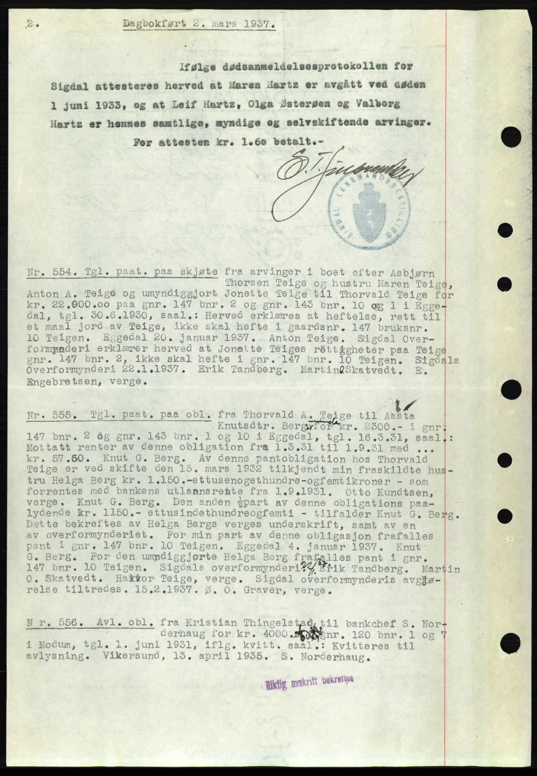 Eiker, Modum og Sigdal sorenskriveri, SAKO/A-123/G/Ga/Gab/L0035: Mortgage book no. A5, 1937-1937, Diary no: : 554/1937