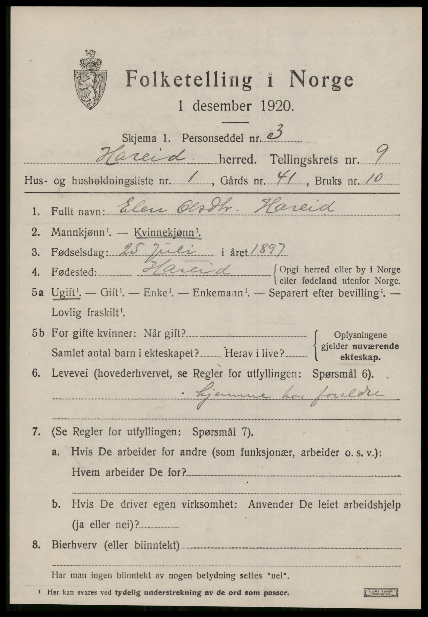 SAT, 1920 census for Hareid, 1920, p. 3163