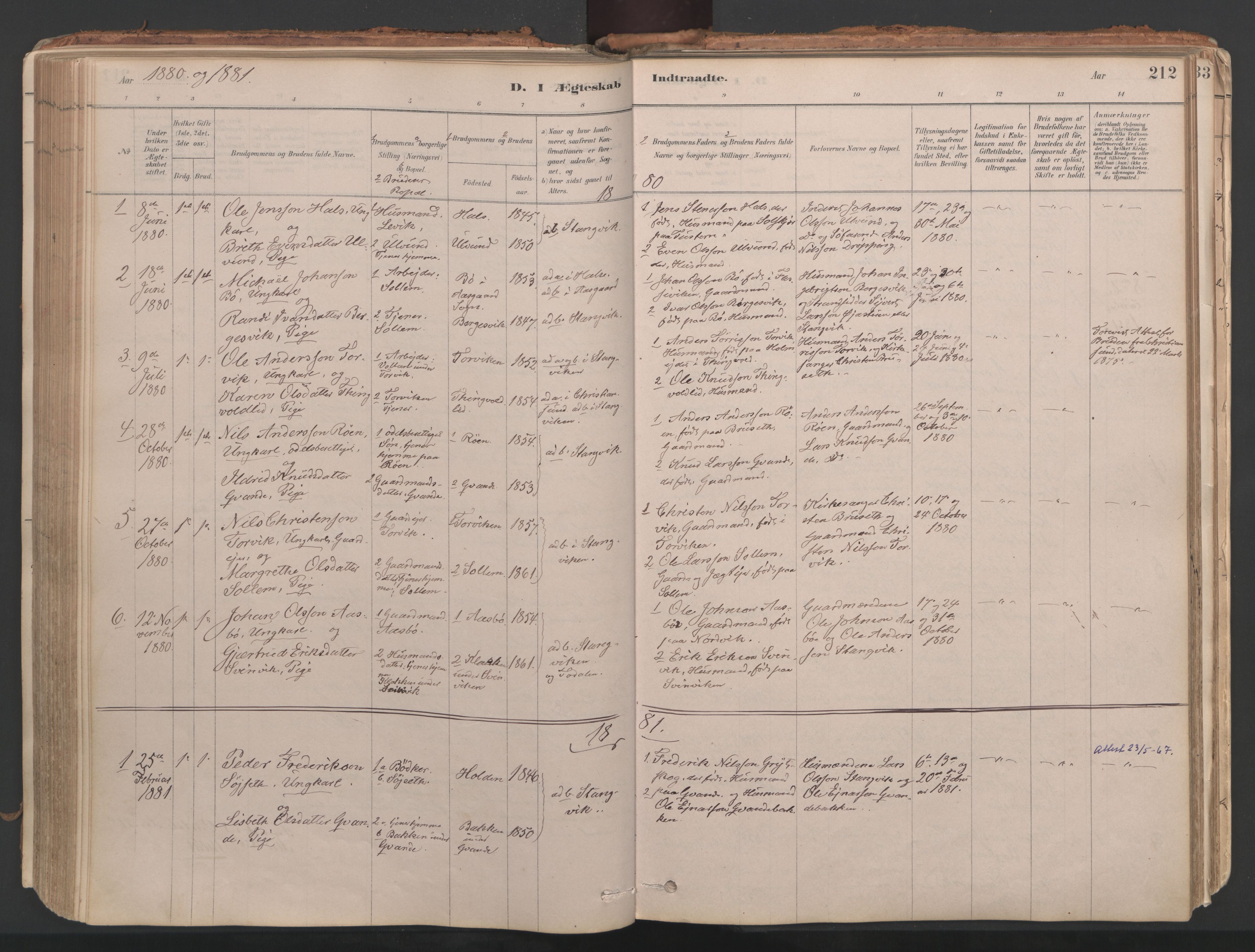 Ministerialprotokoller, klokkerbøker og fødselsregistre - Møre og Romsdal, AV/SAT-A-1454/592/L1029: Parish register (official) no. 592A07, 1879-1902, p. 212