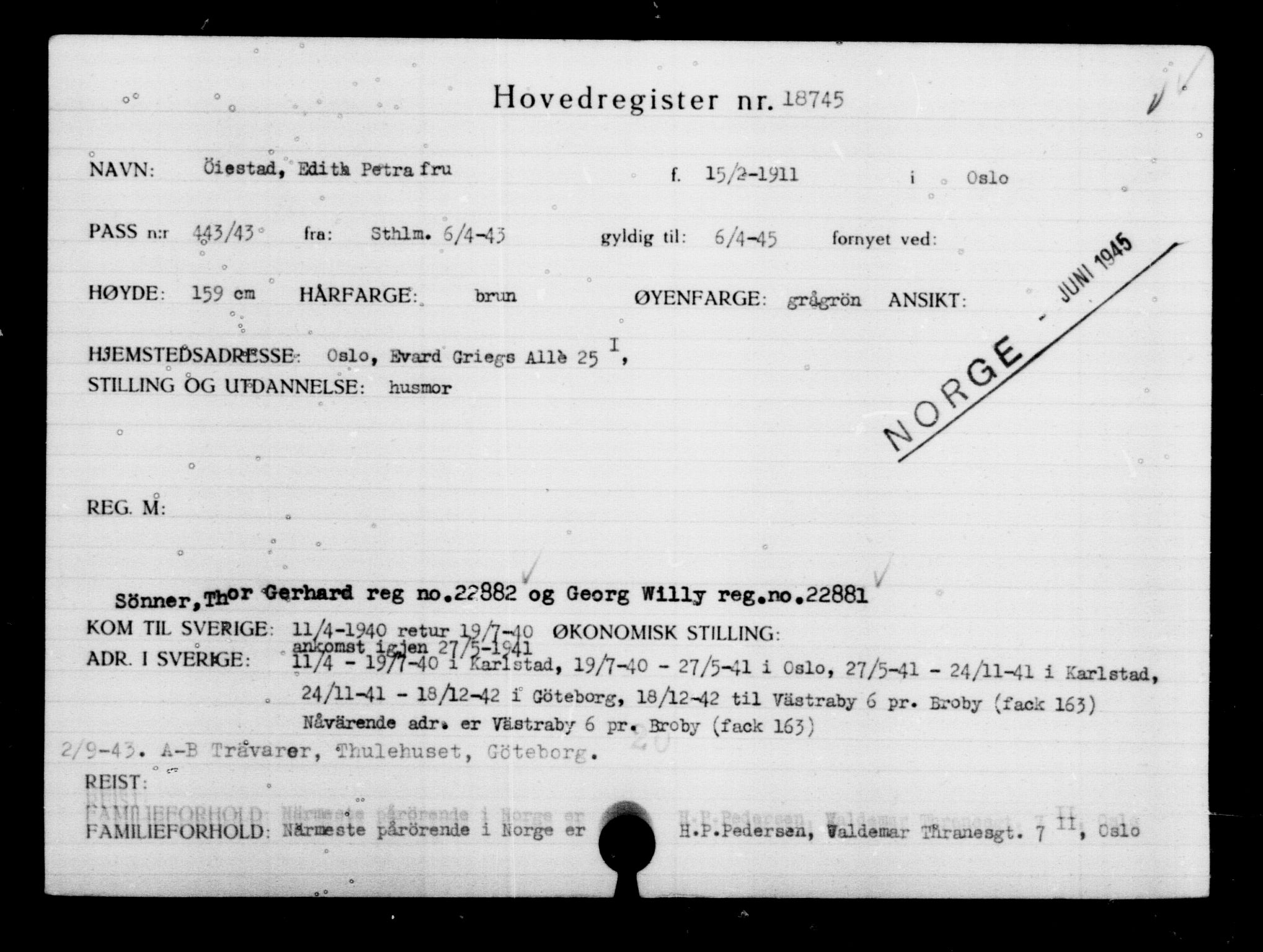 Utenriksstasjonene, Legasjonen i Stockholm, Flyktningkontoret, AV/RA-S-6753/V/Va/L0009: Kjesäterkartoteket, flyktninger med registreringsnr. 18502-22048, 1940-1945, p. 287
