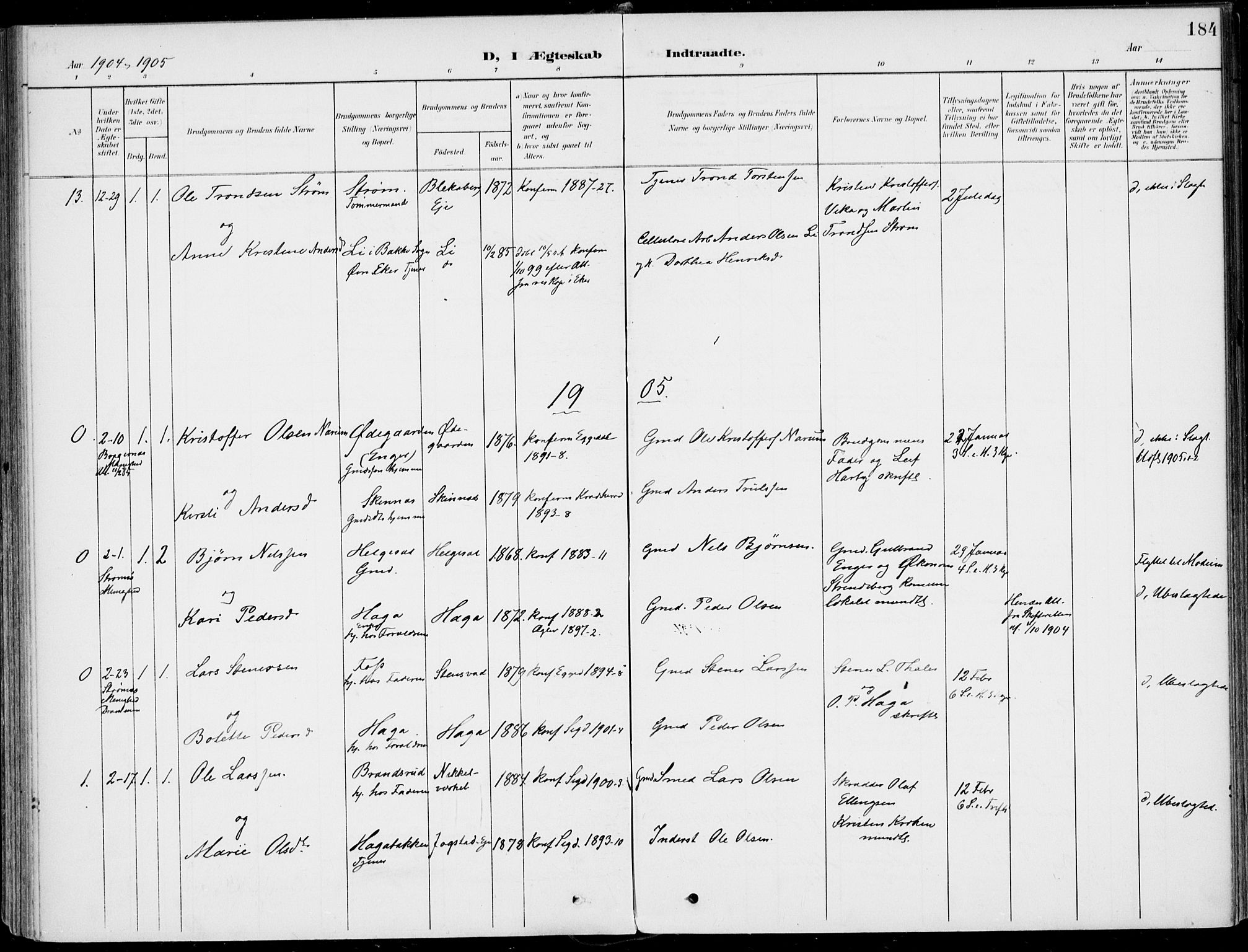 Sigdal kirkebøker, SAKO/A-245/F/Fb/L0002: Parish register (official) no. II 2, 1901-1914, p. 184