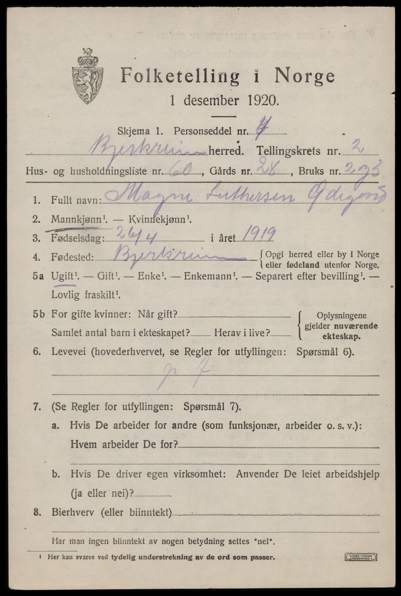 SAST, 1920 census for Bjerkreim, 1920, p. 1610