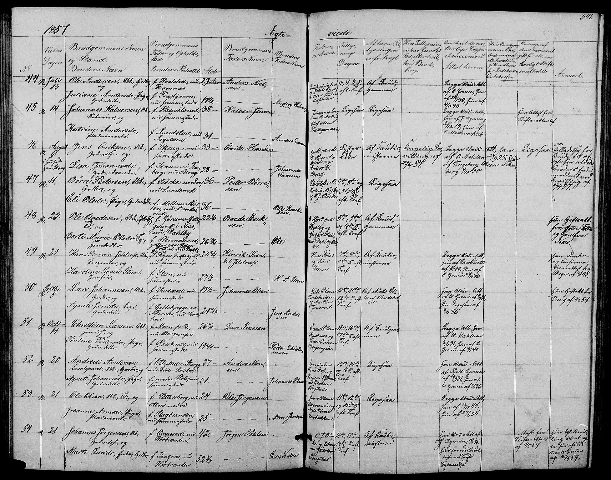Ringsaker prestekontor, SAH/PREST-014/L/La/L0006: Parish register (copy) no. 6, 1851-1860, p. 341