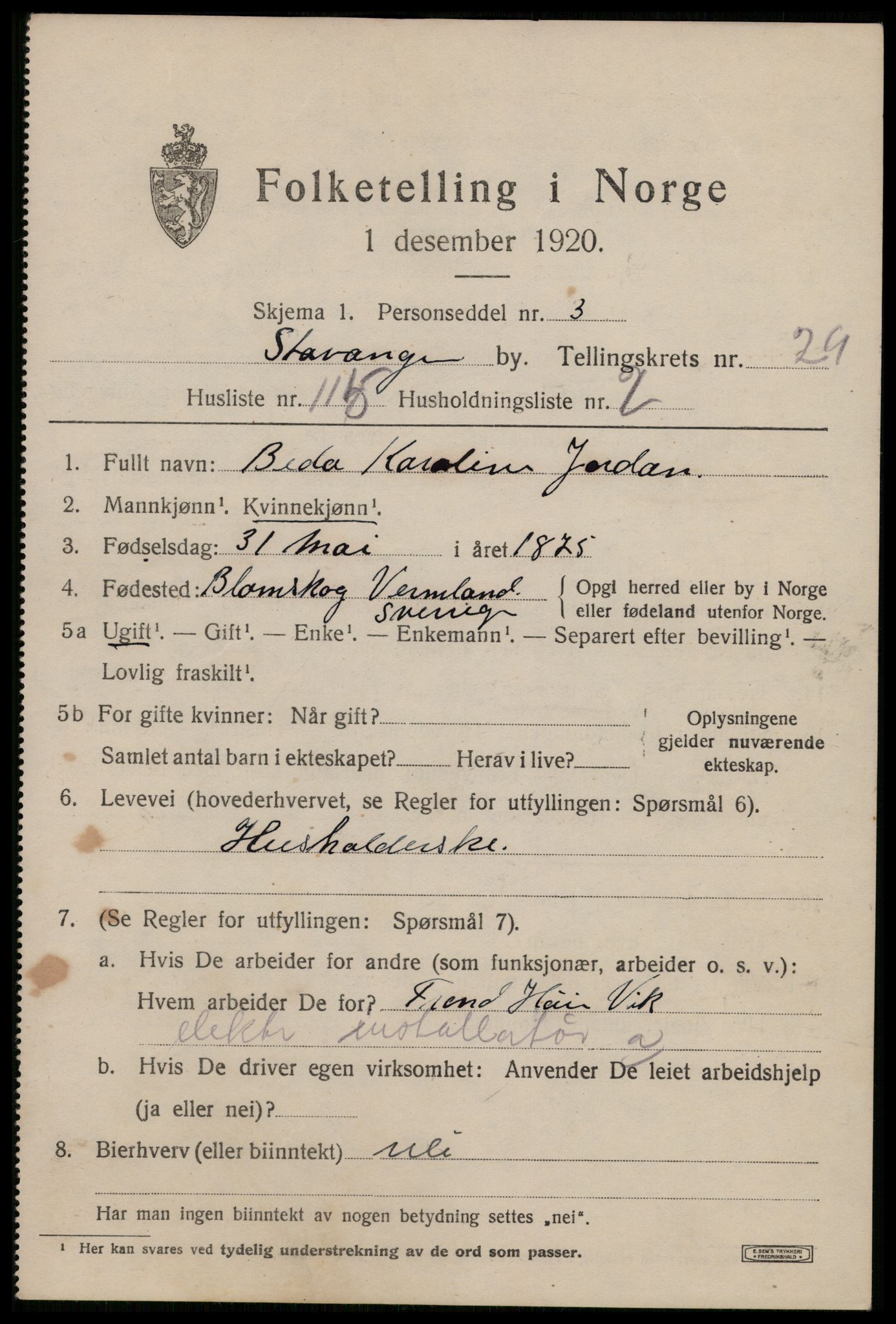 SAST, 1920 census for Stavanger, 1920, p. 84958