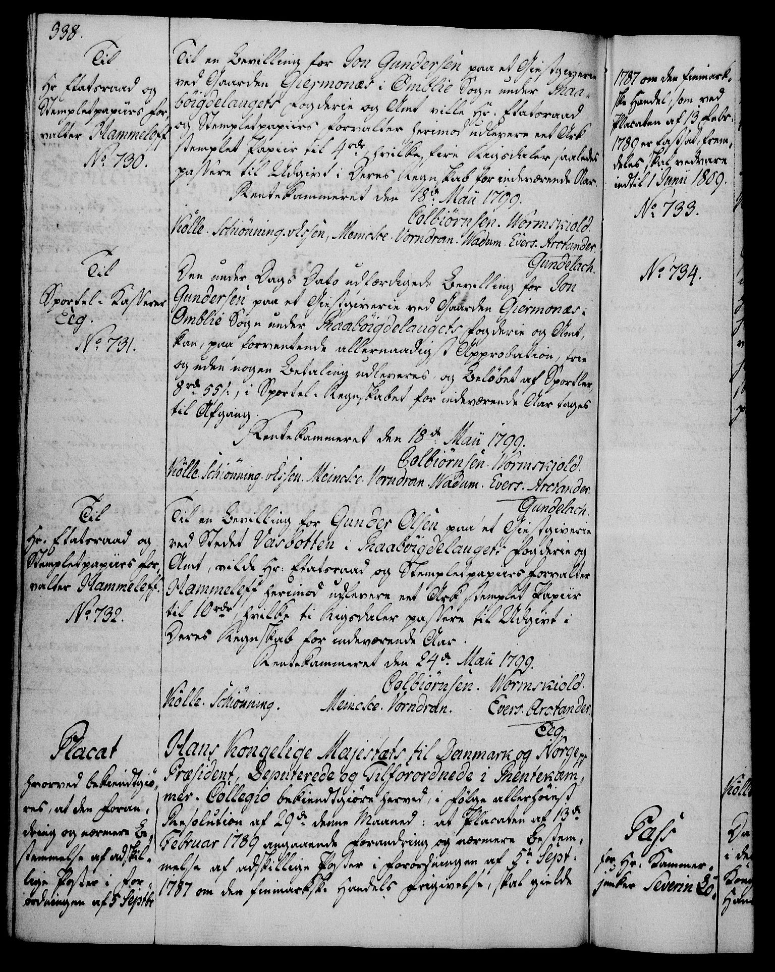 Rentekammeret, Kammerkanselliet, AV/RA-EA-3111/G/Gg/Gga/L0016: Norsk ekspedisjonsprotokoll med register (merket RK 53.16), 1794-1800, p. 338