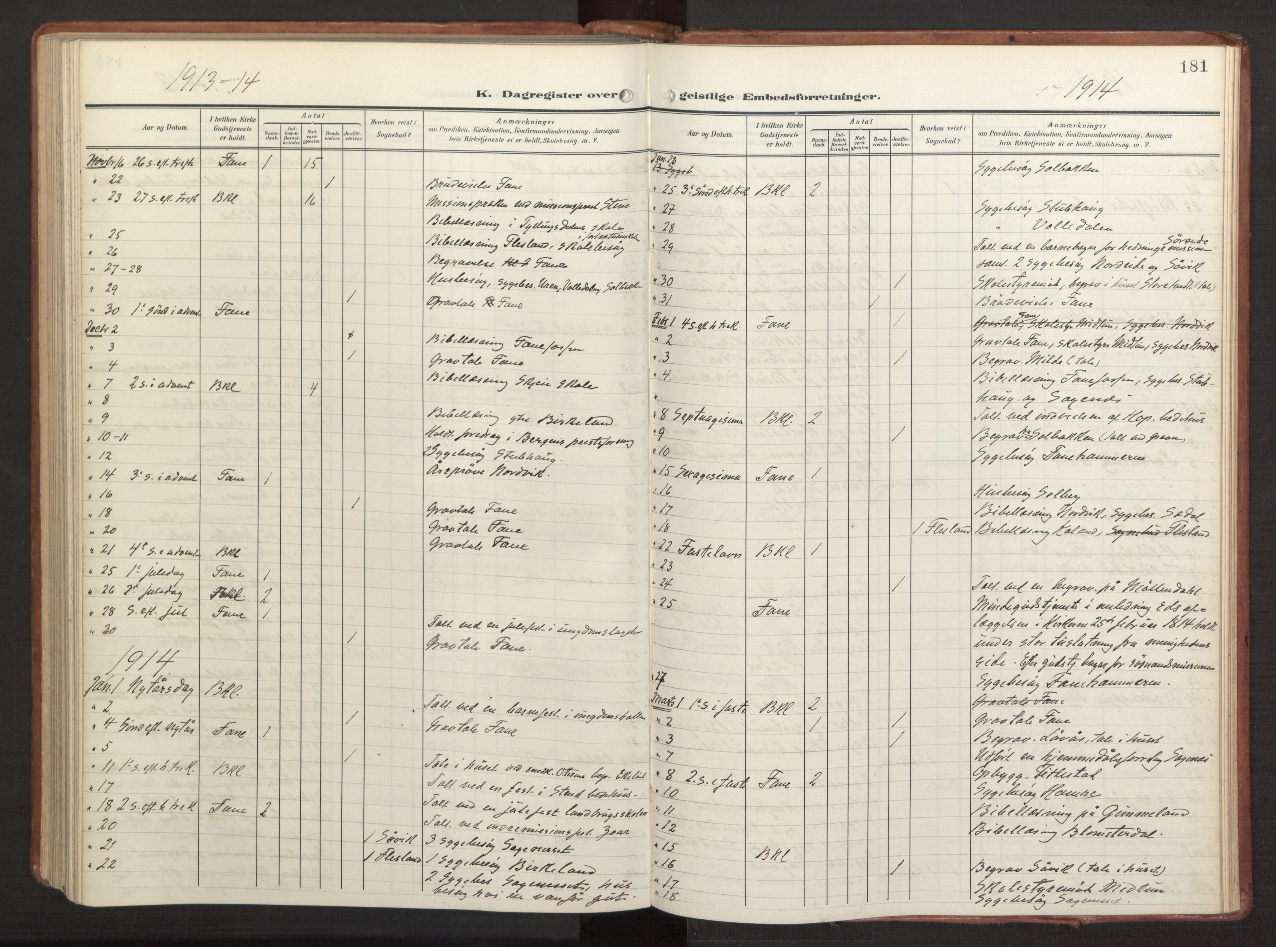 Fana Sokneprestembete, AV/SAB-A-75101/H/Haa/Haab/L0004: Parish register (official) no. B 4, 1908-1915, p. 181