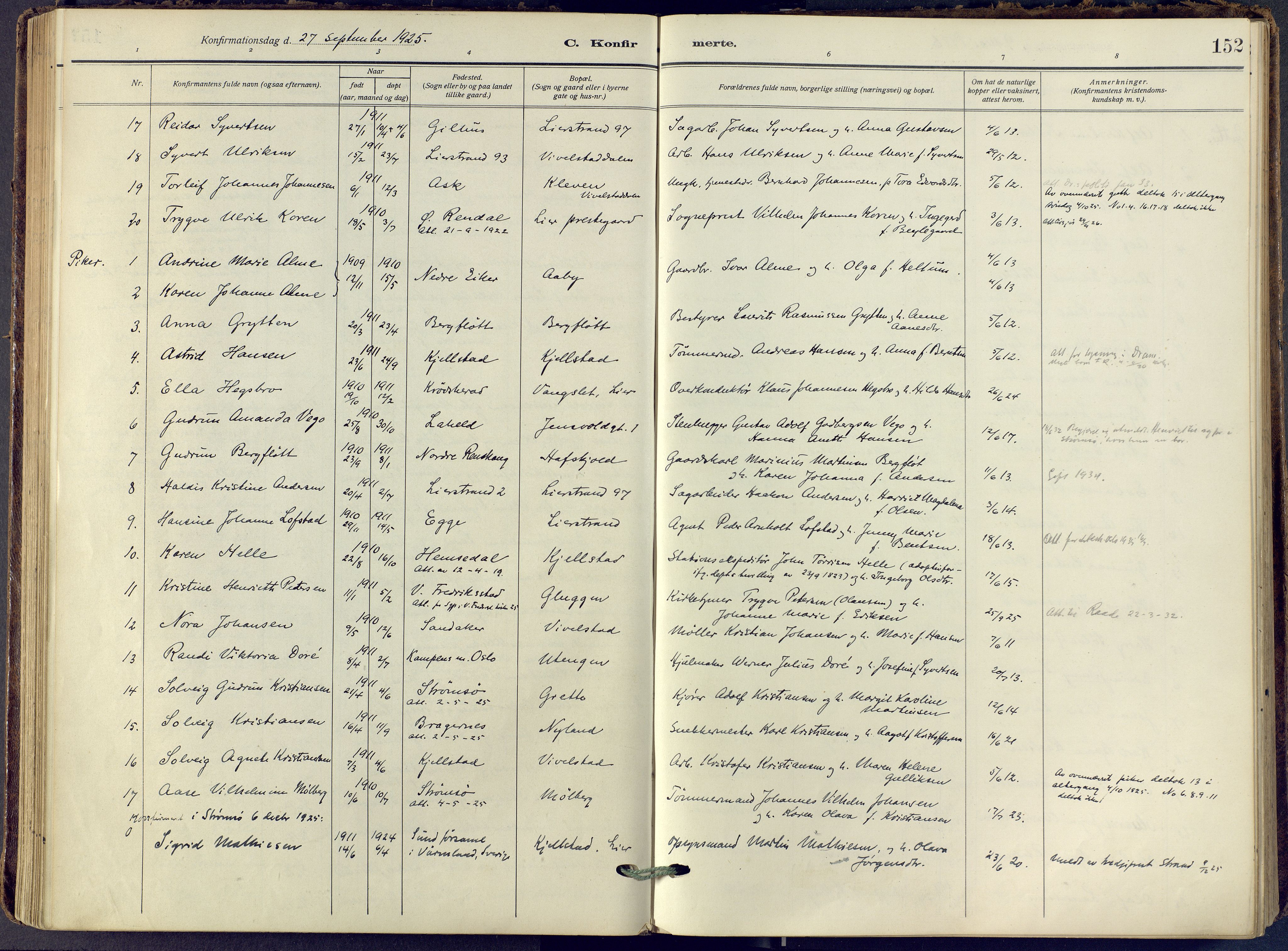 Lier kirkebøker, AV/SAKO-A-230/F/Fa/L0019: Parish register (official) no. I 19, 1918-1928, p. 152